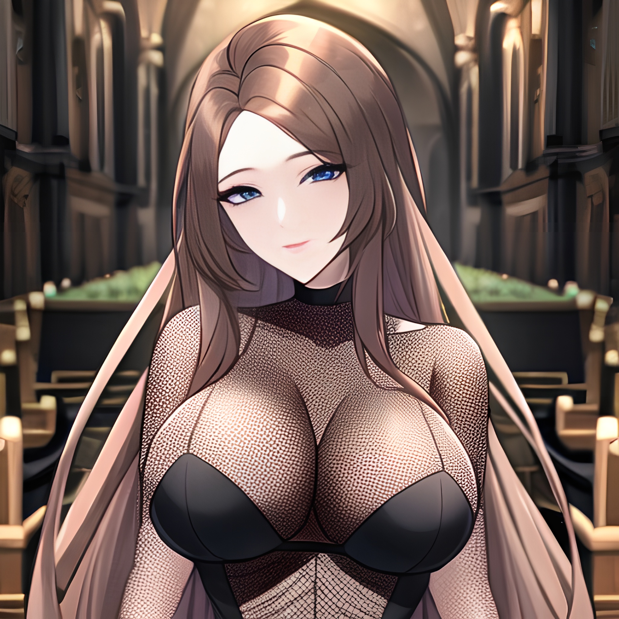 long hair church fishnet messy hair woman brunette 