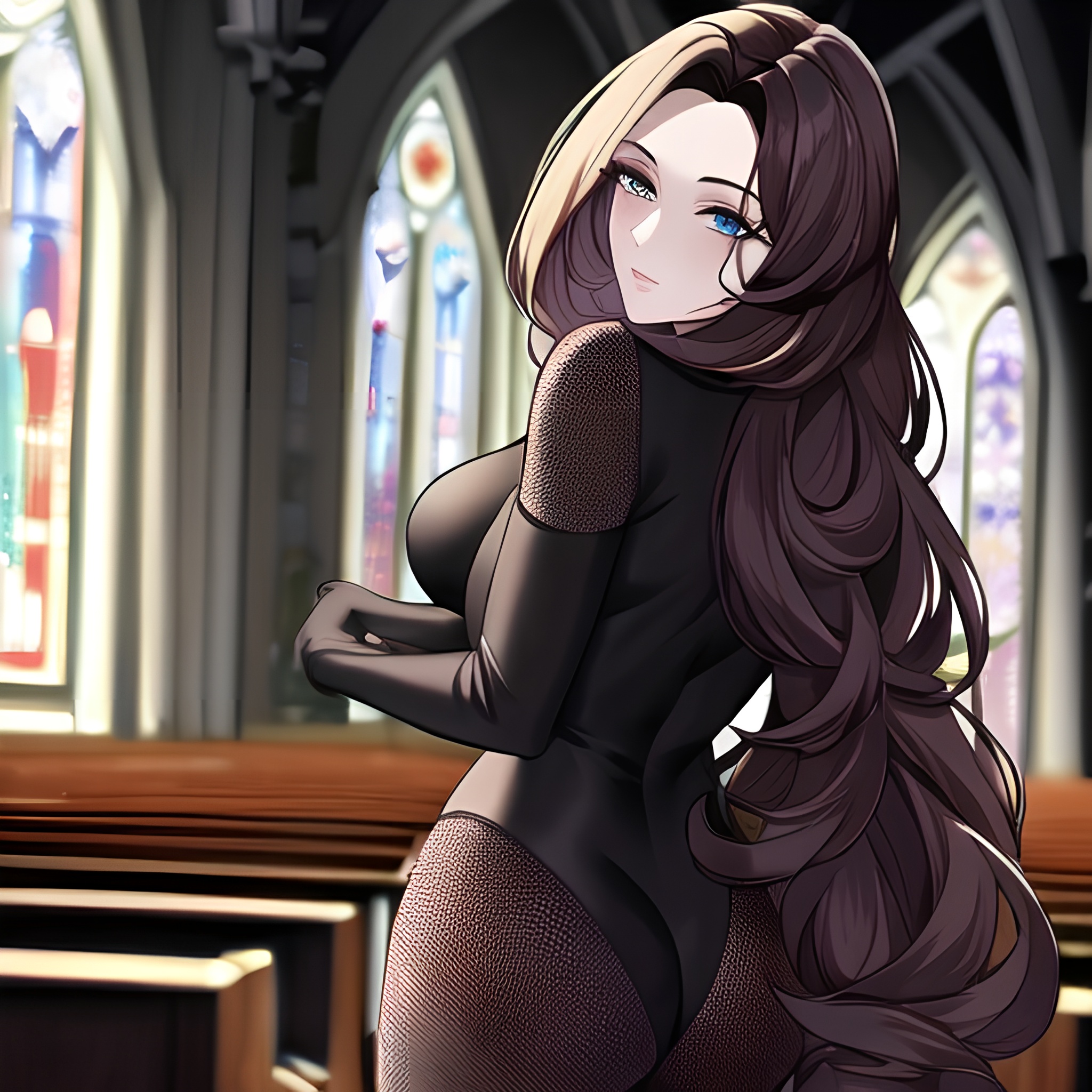 long hair church fishnet messy hair woman brunette