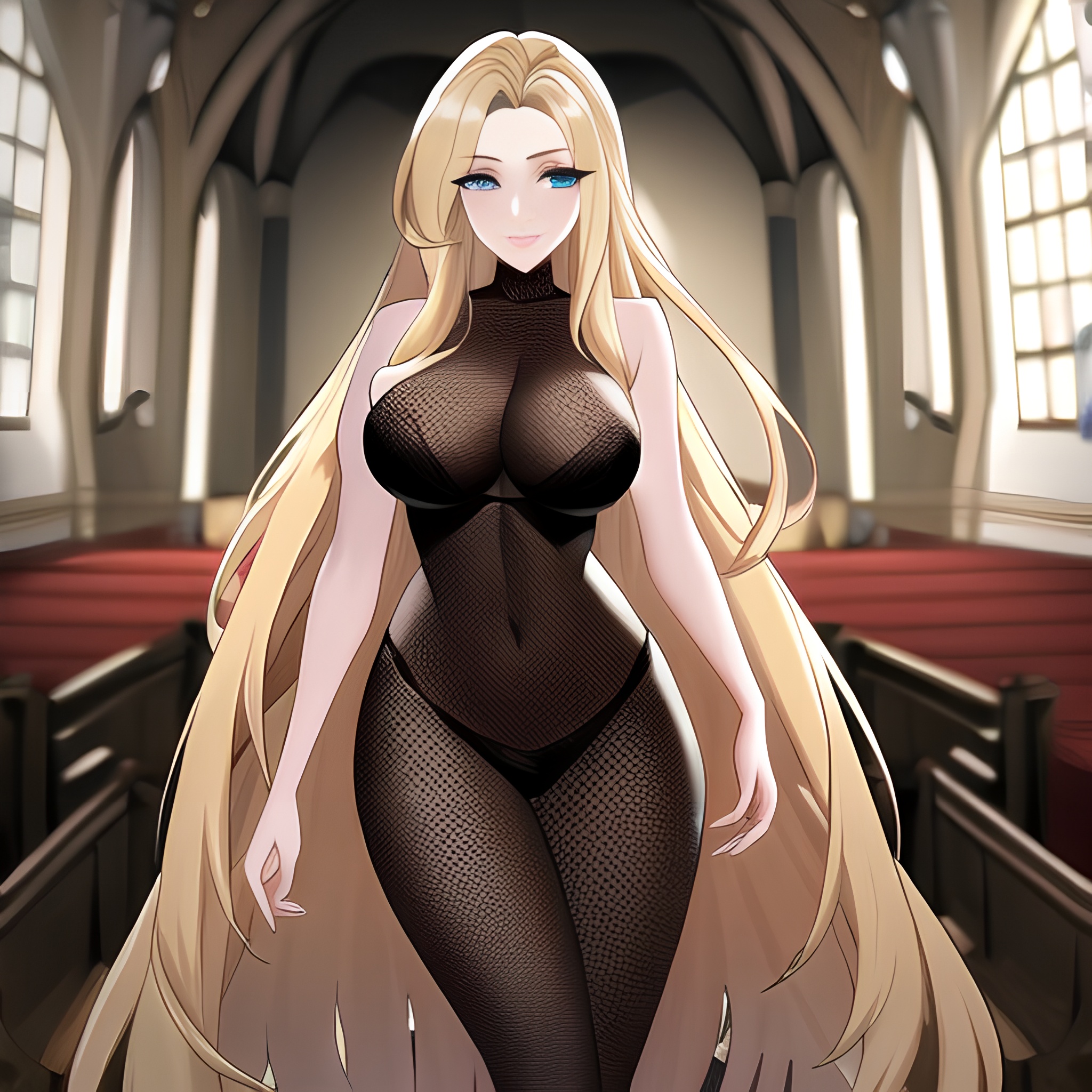 long hair church fishnet woman blonde 