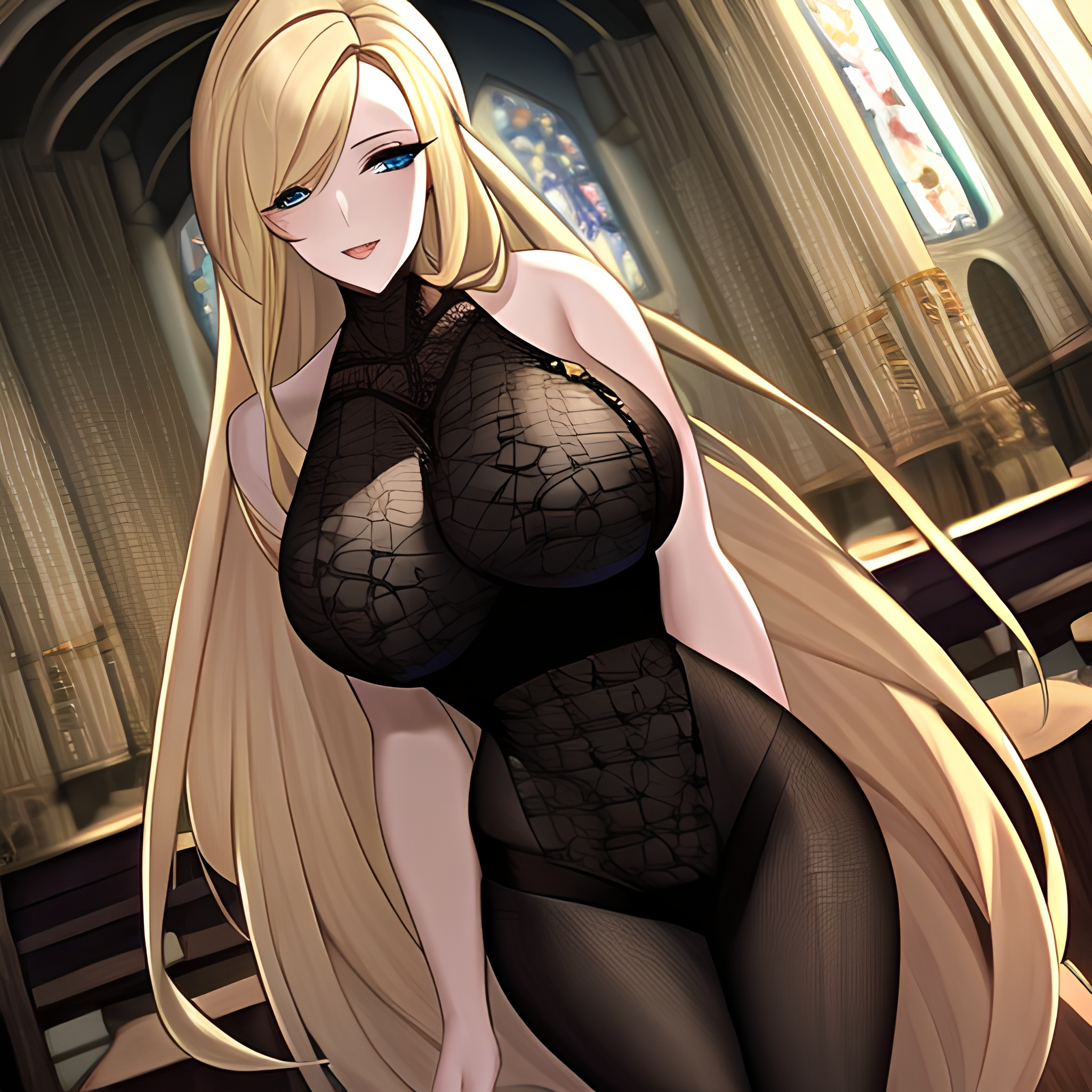 long hair church fishnet woman blonde 