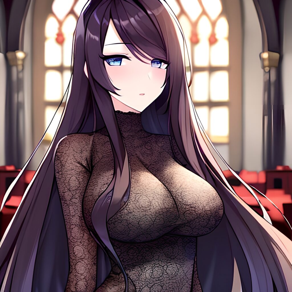 long hair church fishnet woman brunette messy hair 