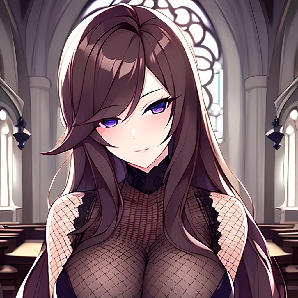 long hair church fishnet woman brunette messy hair 