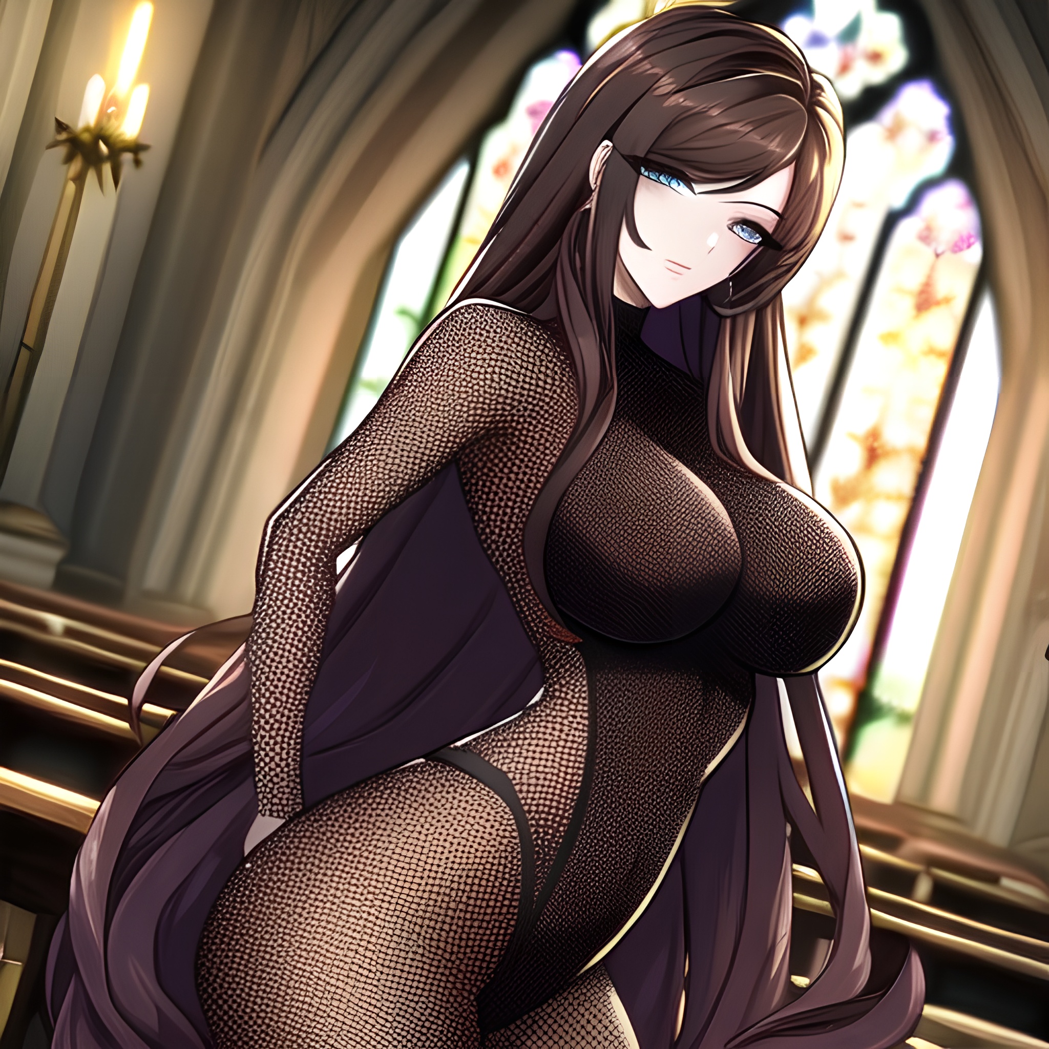 long hair church fishnet woman brunette messy hair 