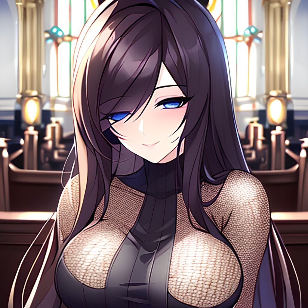 long hair church fishnet woman brunette messy hair 