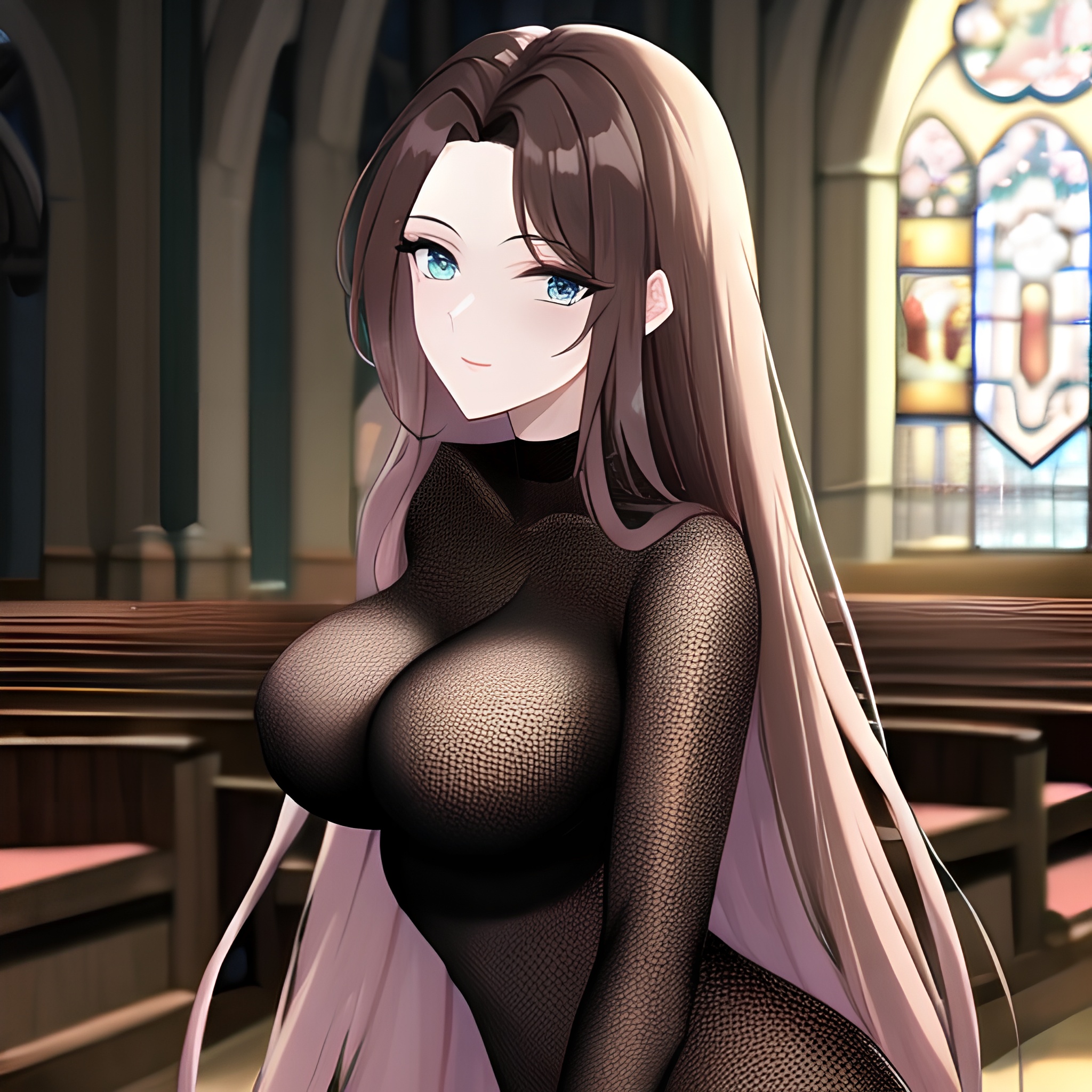long hair church fishnet woman brunette messy hair