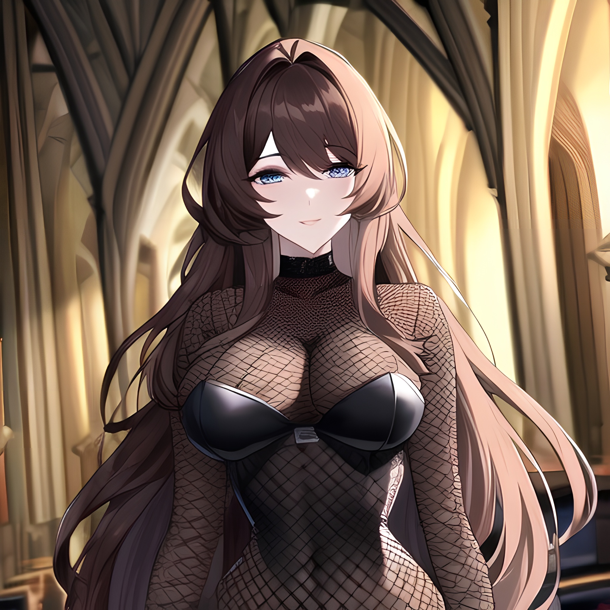 long hair church fishnet woman messy hair brunette 