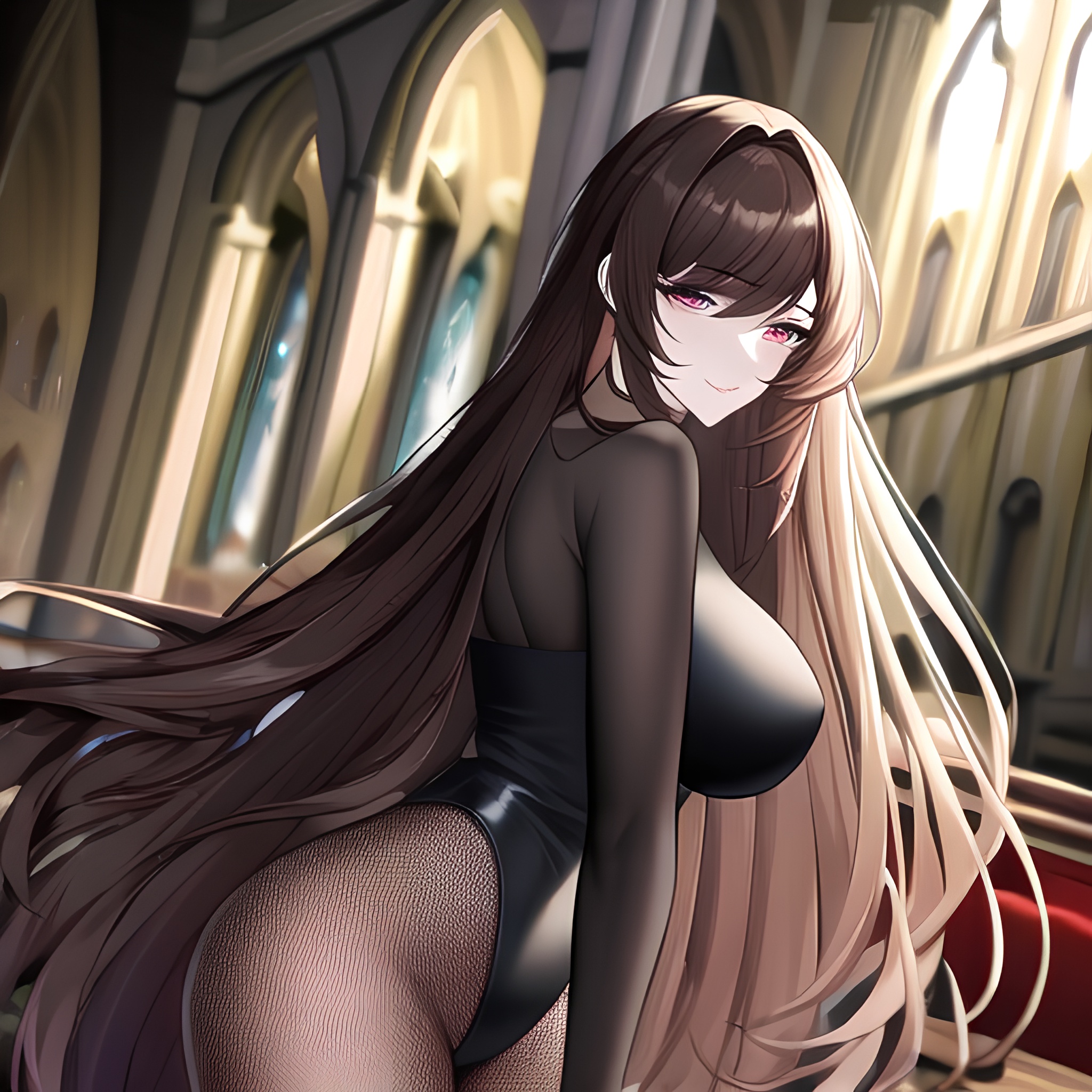 long hair church fishnet woman messy hair brunette 