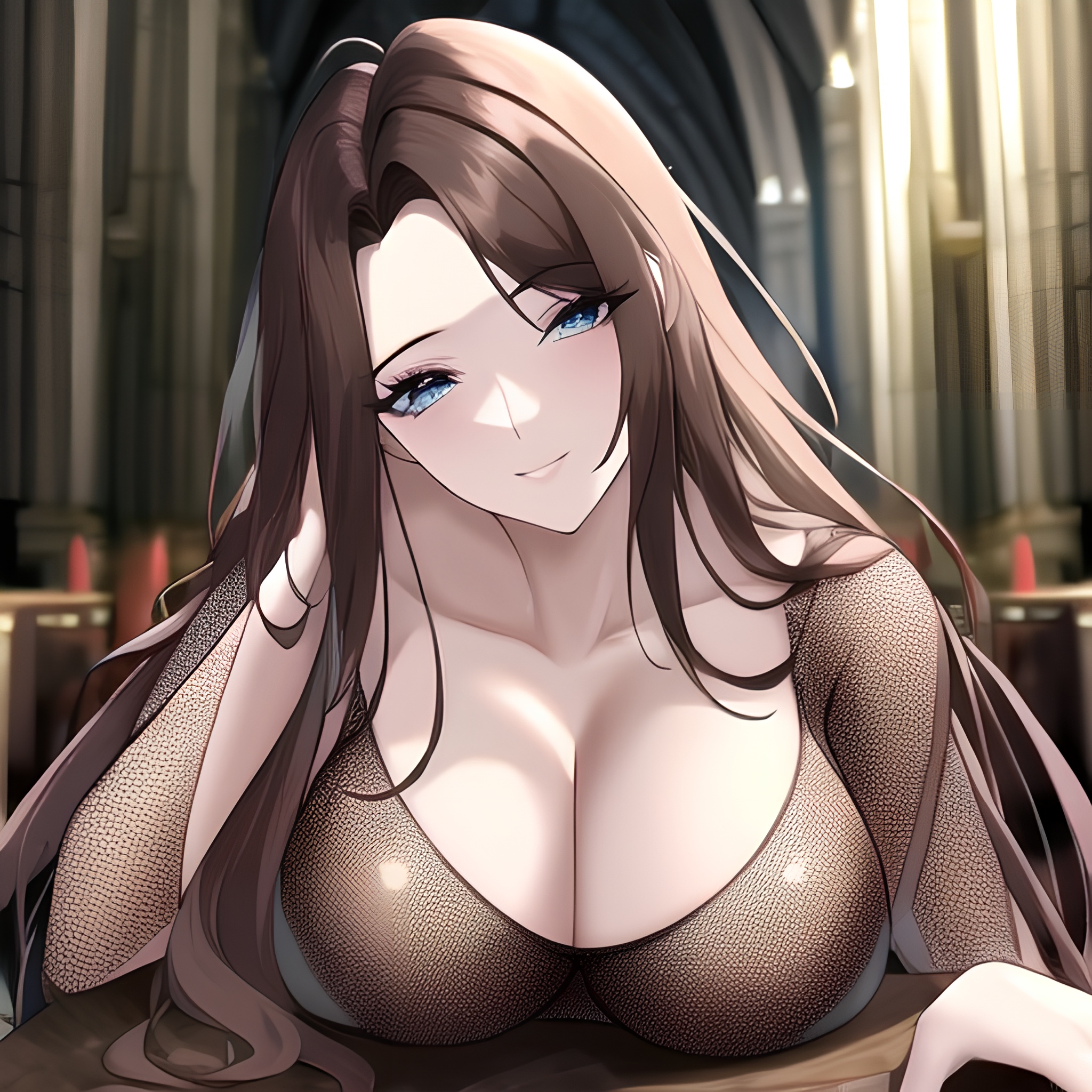 long hair church fishnet woman messy hair brunette 