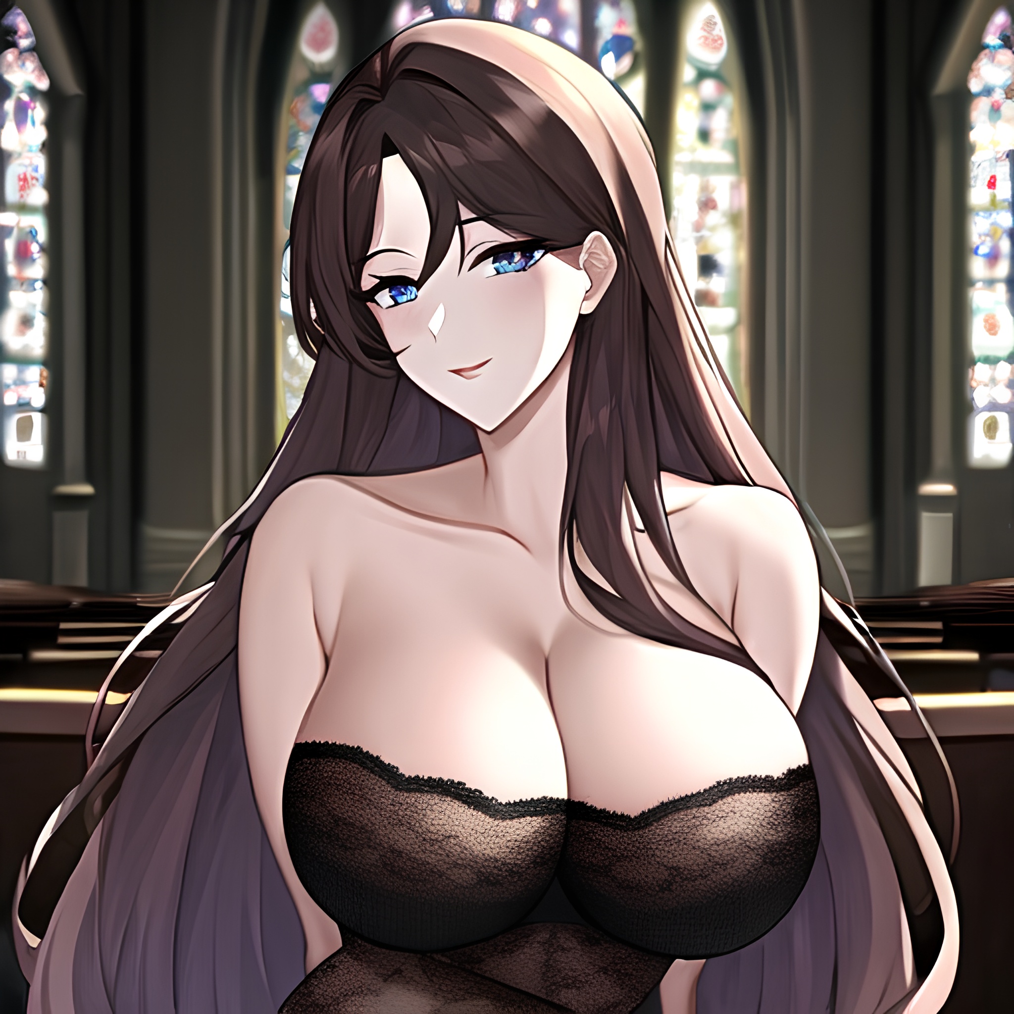 long hair church fishnet woman messy hair brunette 
