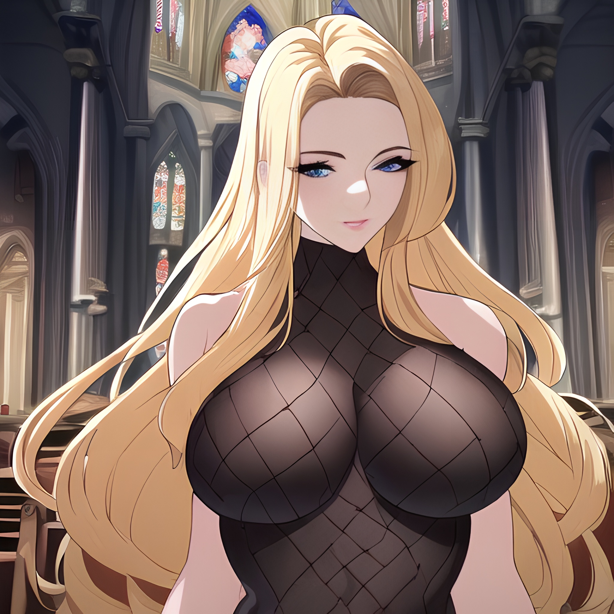 long hair church front view fishnet nude blonde woman small boobs 