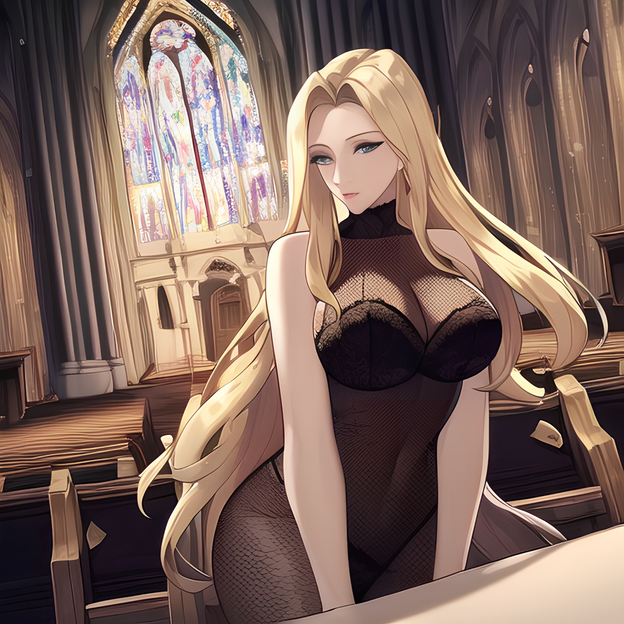 long hair church front view small boobs blonde fishnet woman nude 