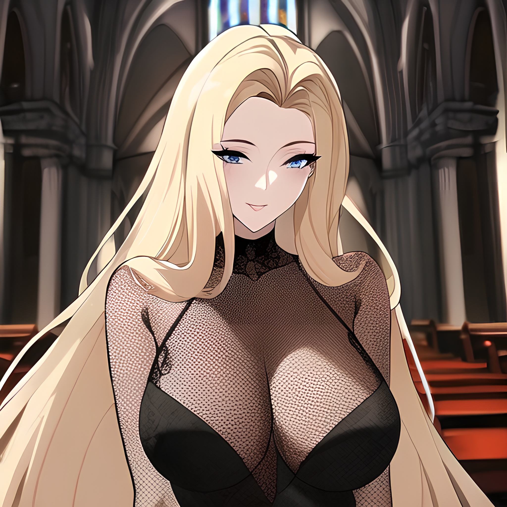 long hair church front view small boobs woman nude blonde fishnet