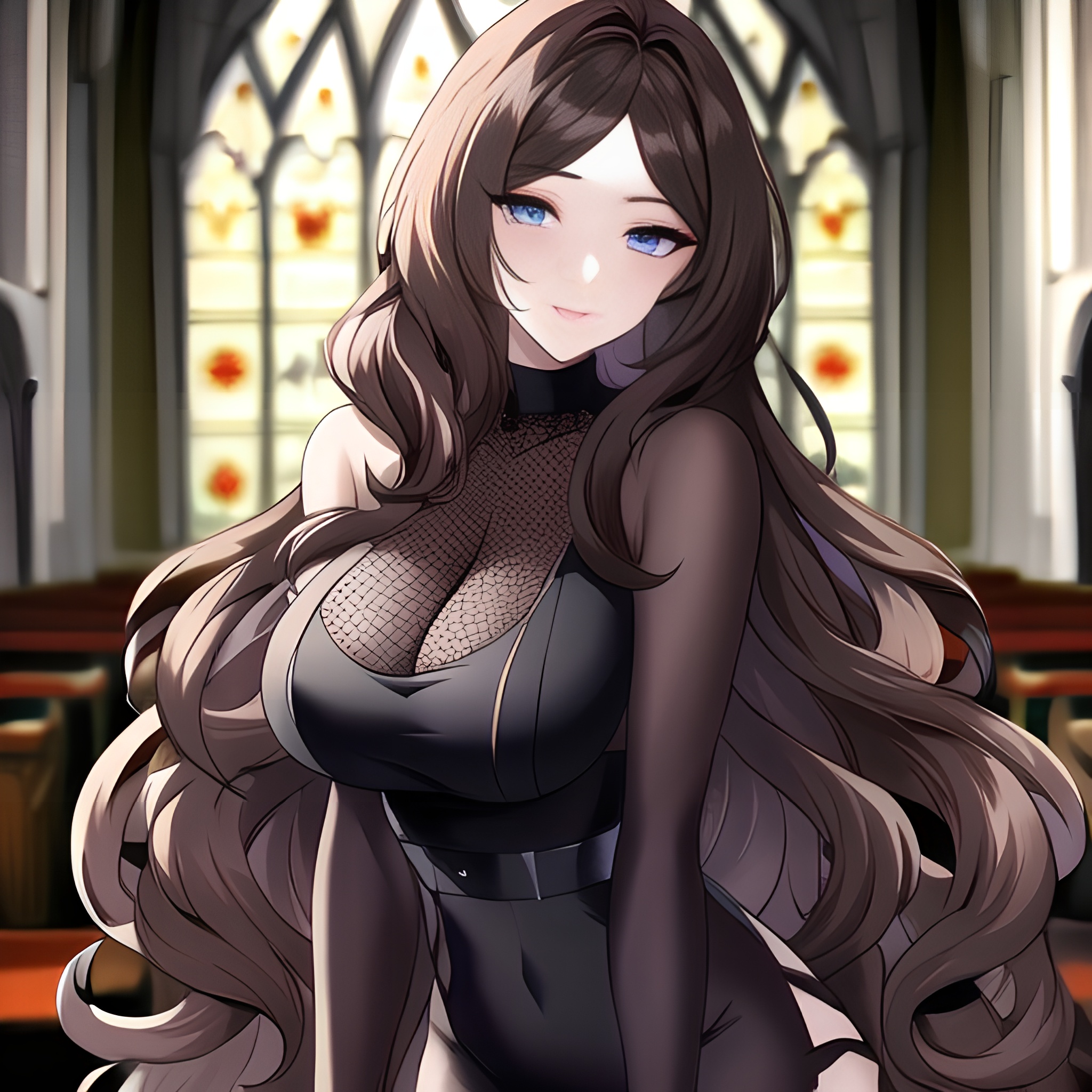 long hair church messy hair brunette fishnet woman 