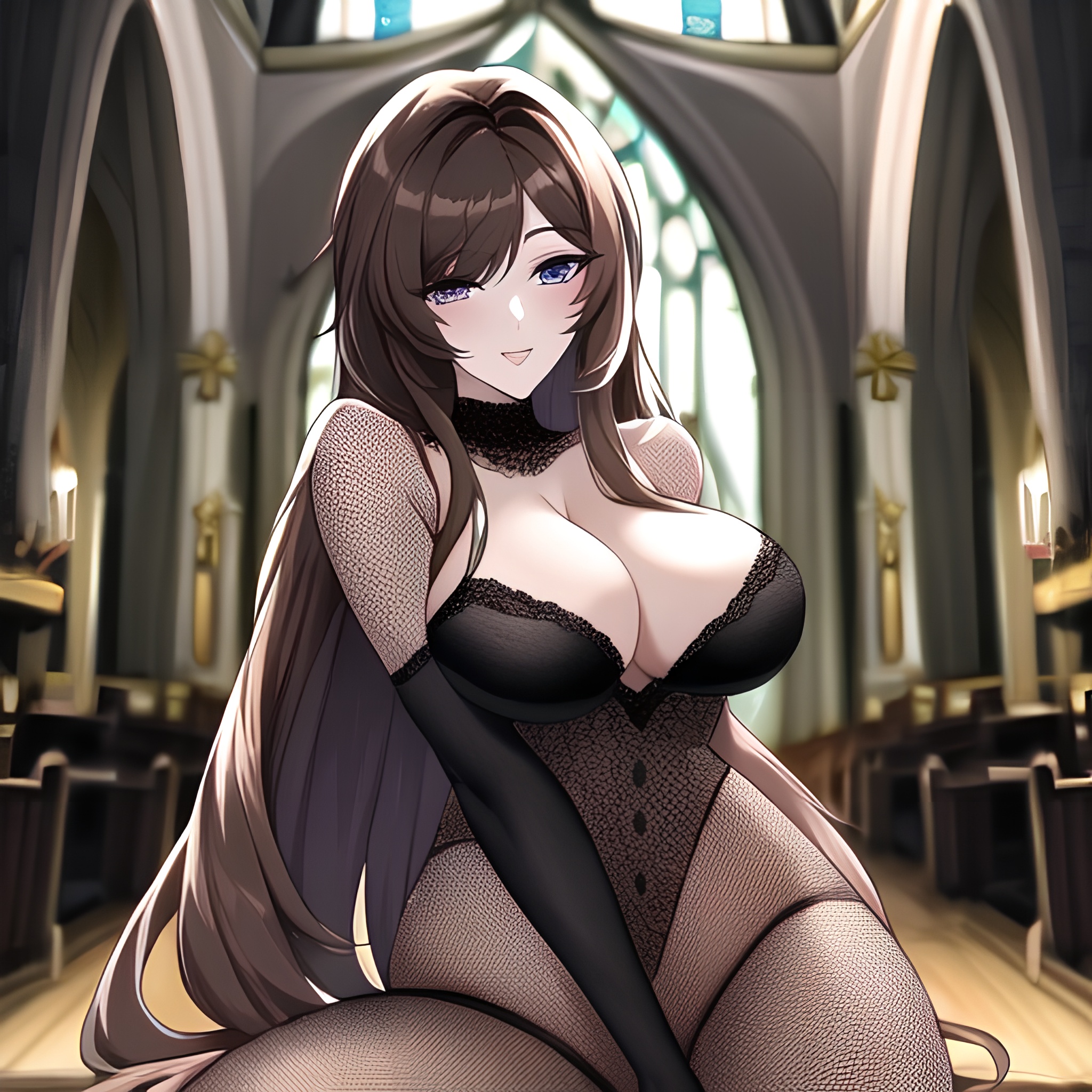 long hair church messy hair brunette fishnet woman 