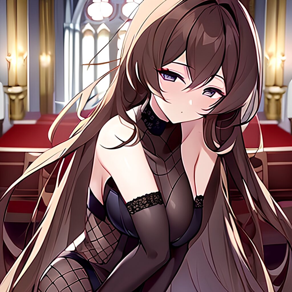 long hair church messy hair brunette woman fishnet 