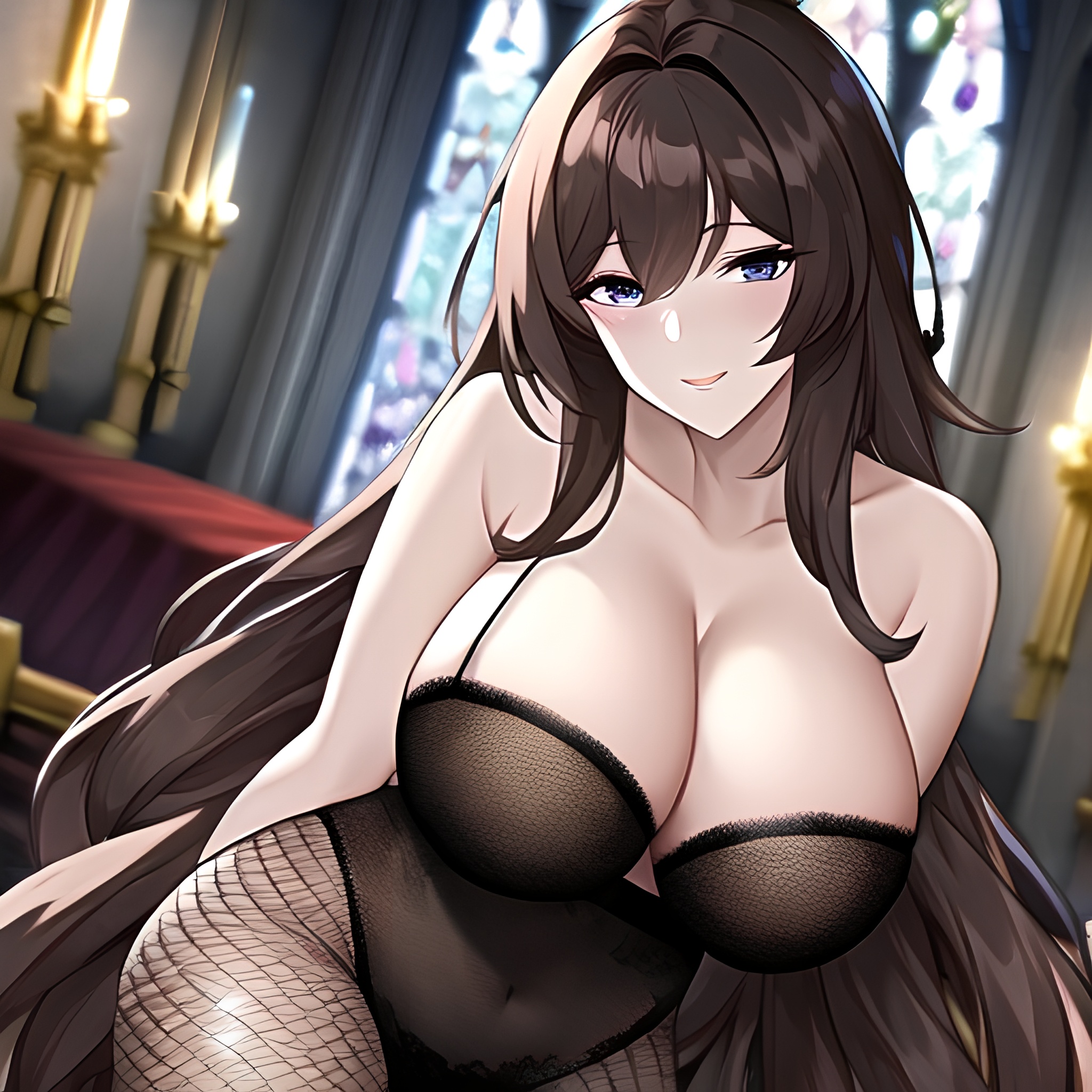 long hair church messy hair brunette woman fishnet 