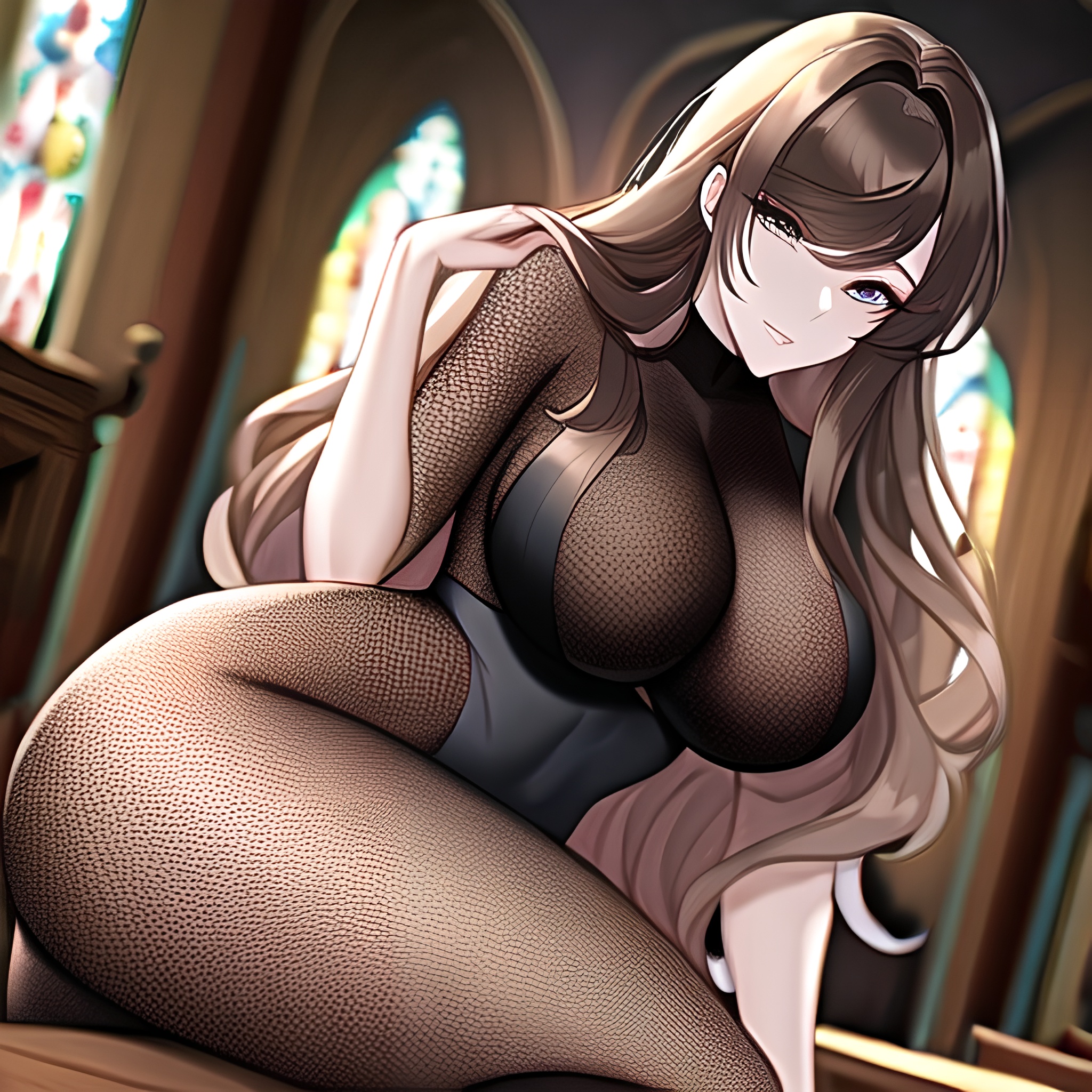 long hair church messy hair fishnet woman brunette