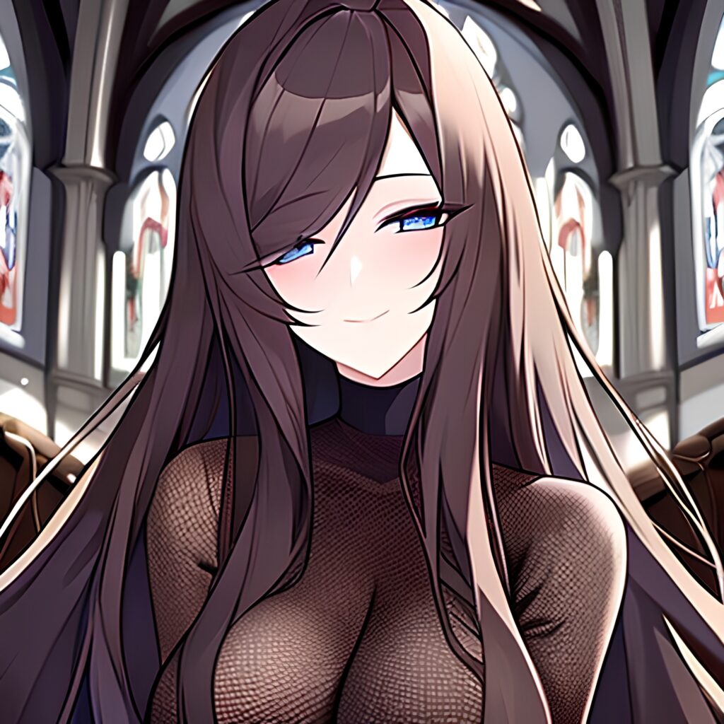 long hair church messy hair woman brunette fishnet 