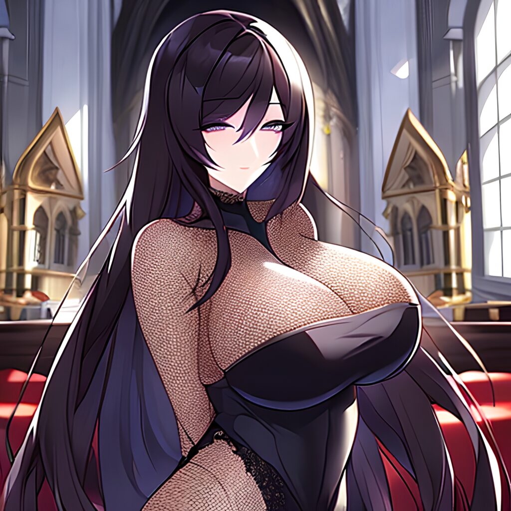 long hair church messy hair woman brunette fishnet 