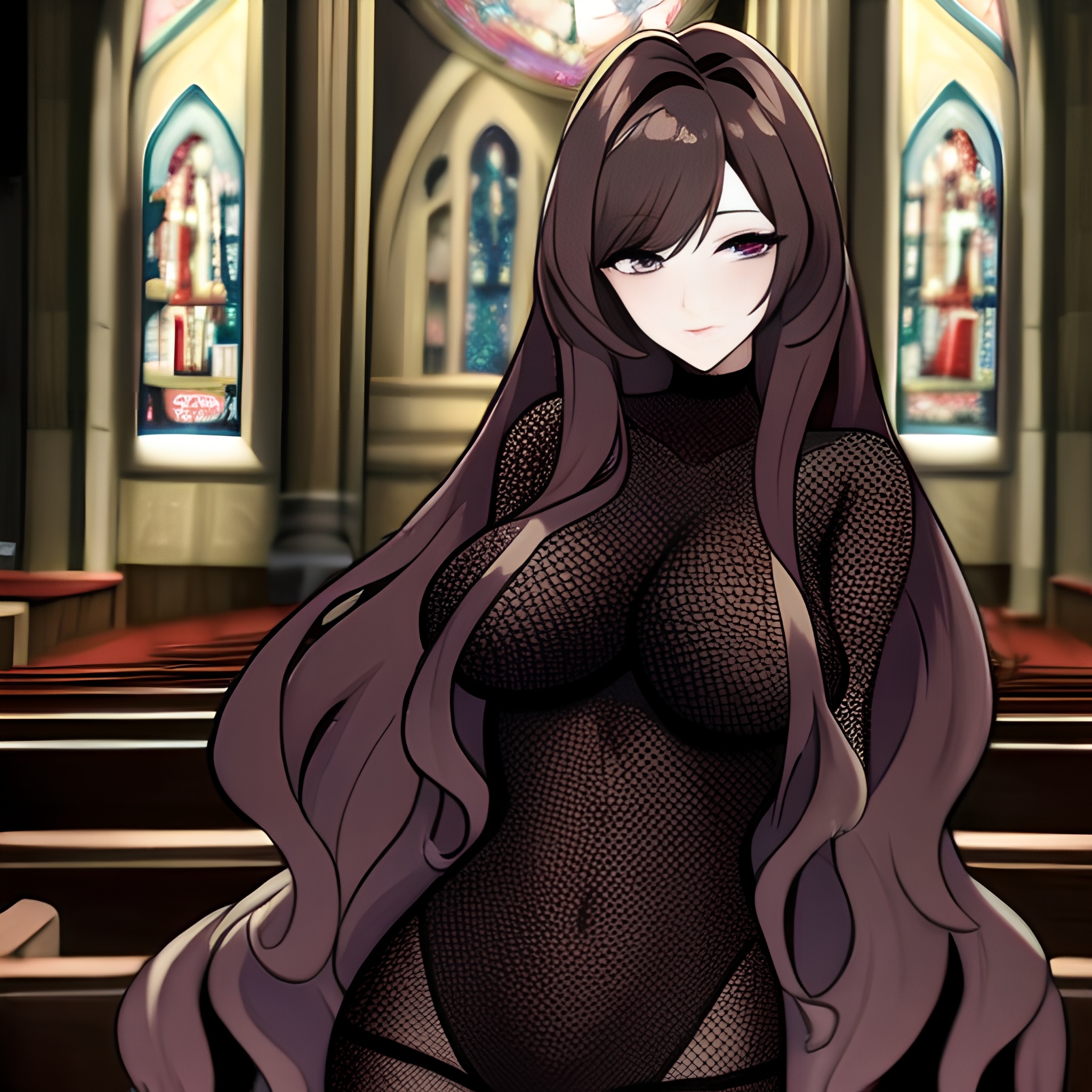 long hair church messy hair woman brunette fishnet 