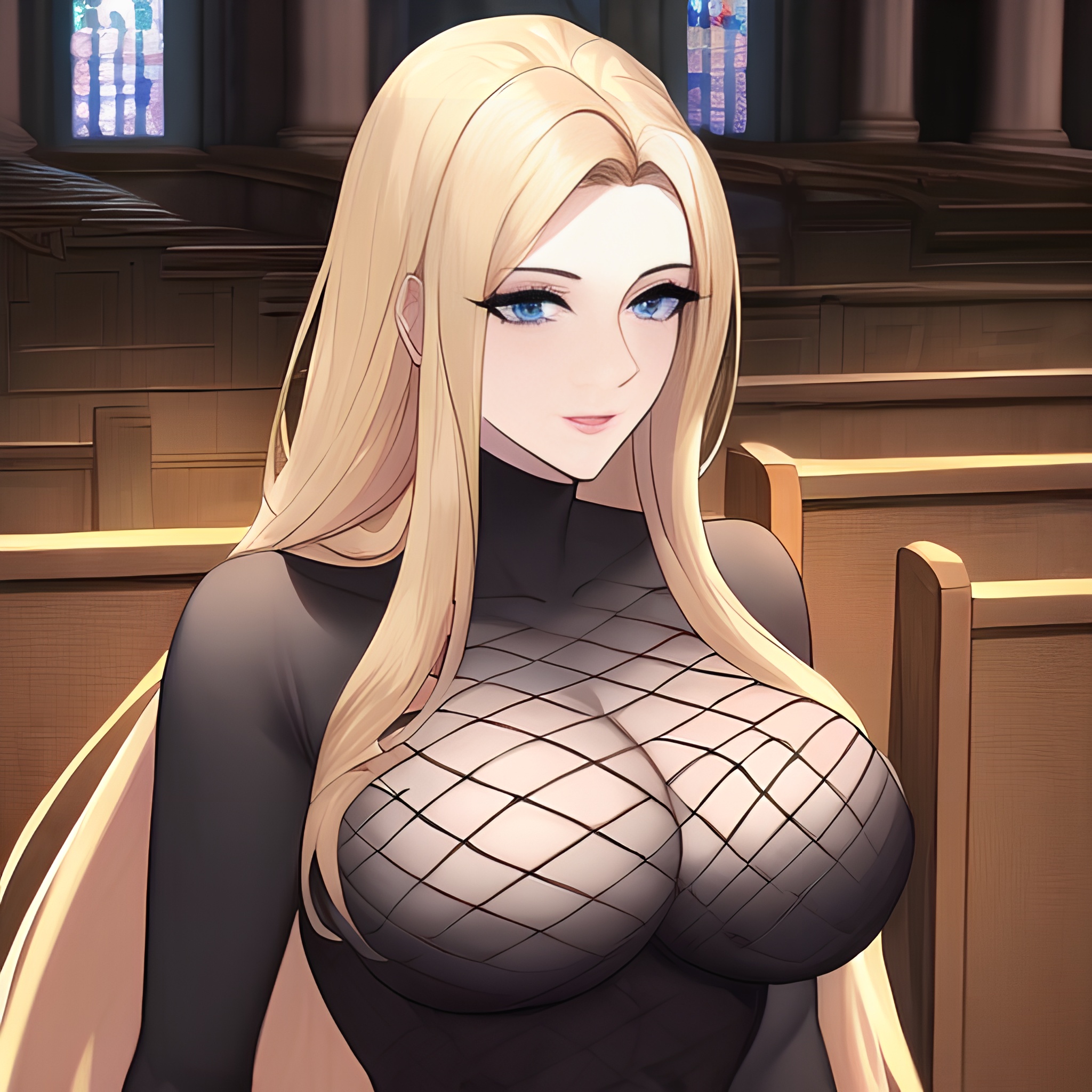 long hair church small boobs front view fishnet blonde nude woman 