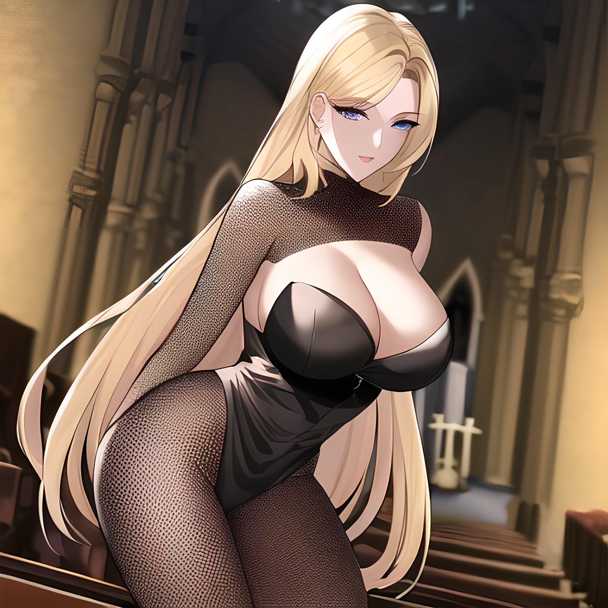 long hair church small boobs woman blonde nude fishnet front view 