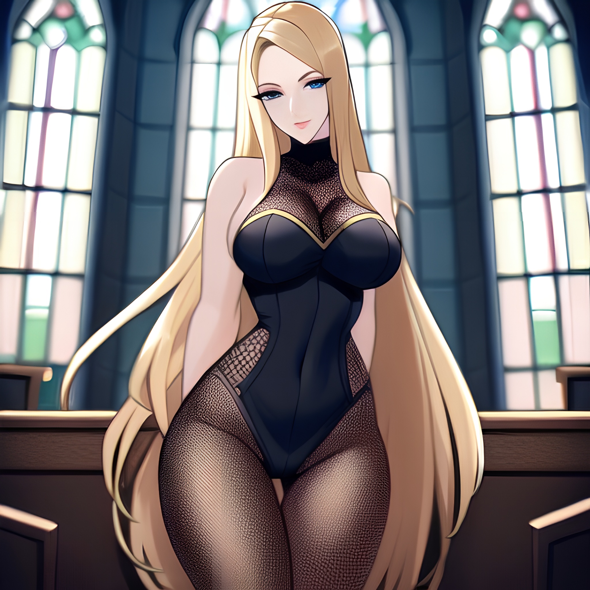 long hair church woman blonde fishnet 