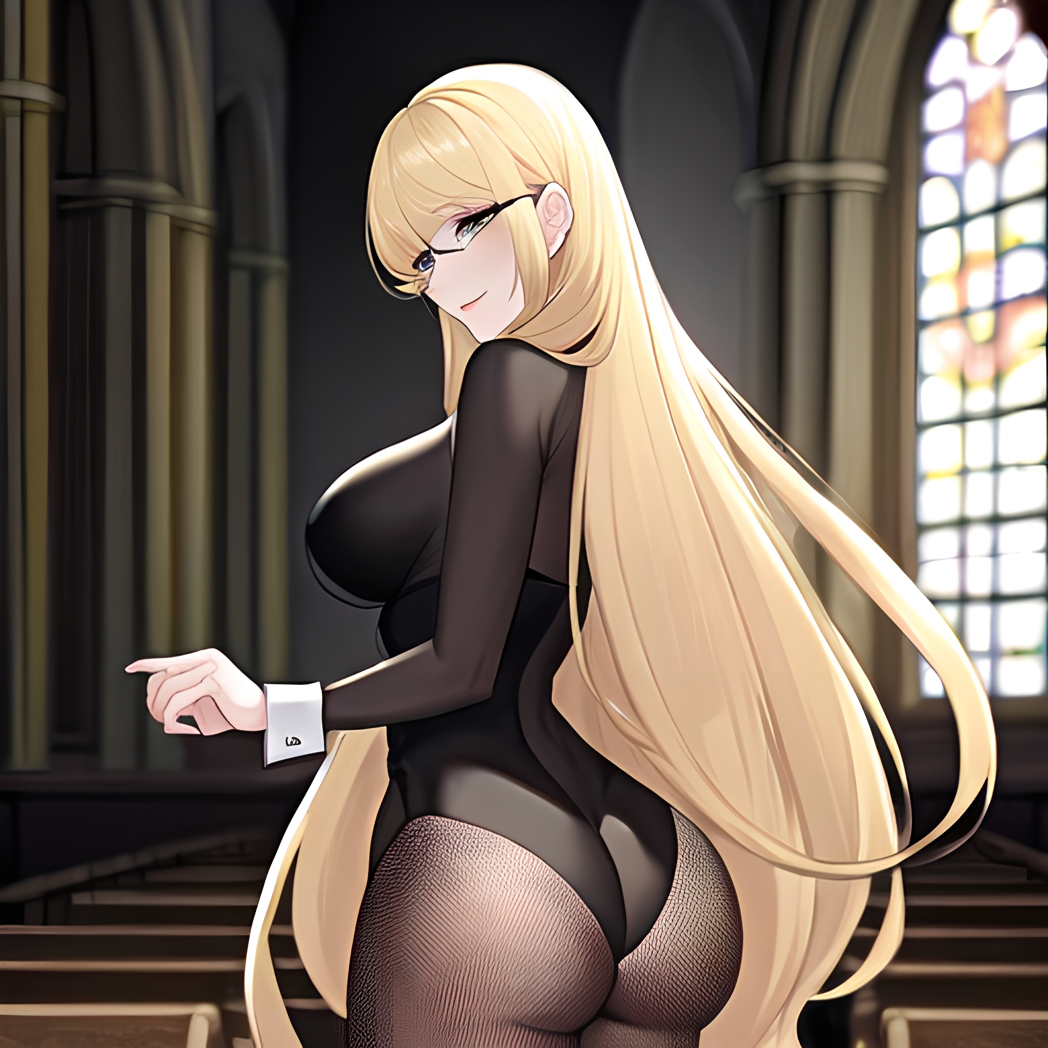 long hair church woman blonde fishnet 