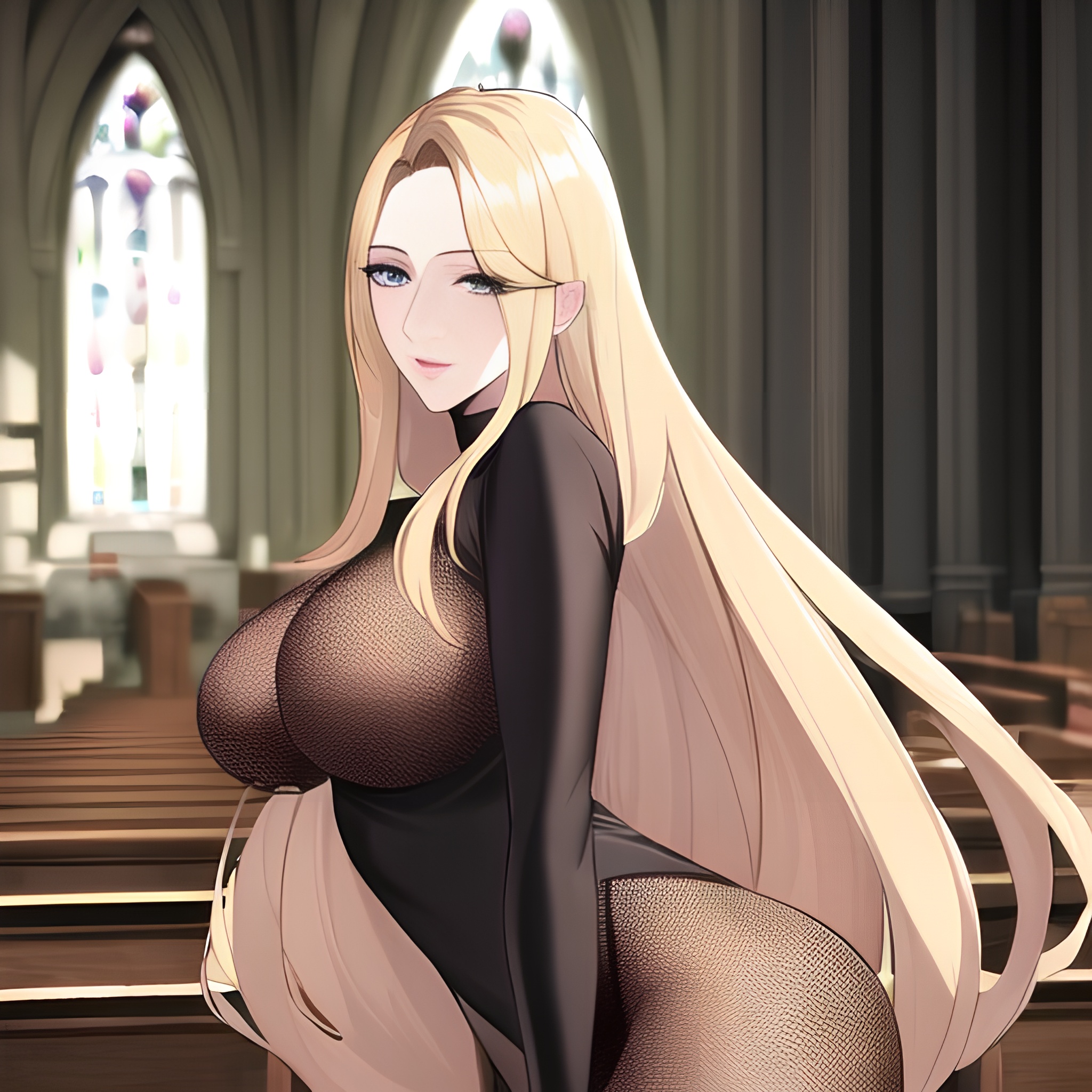 long hair church woman blonde nude fishnet front view small boobs 