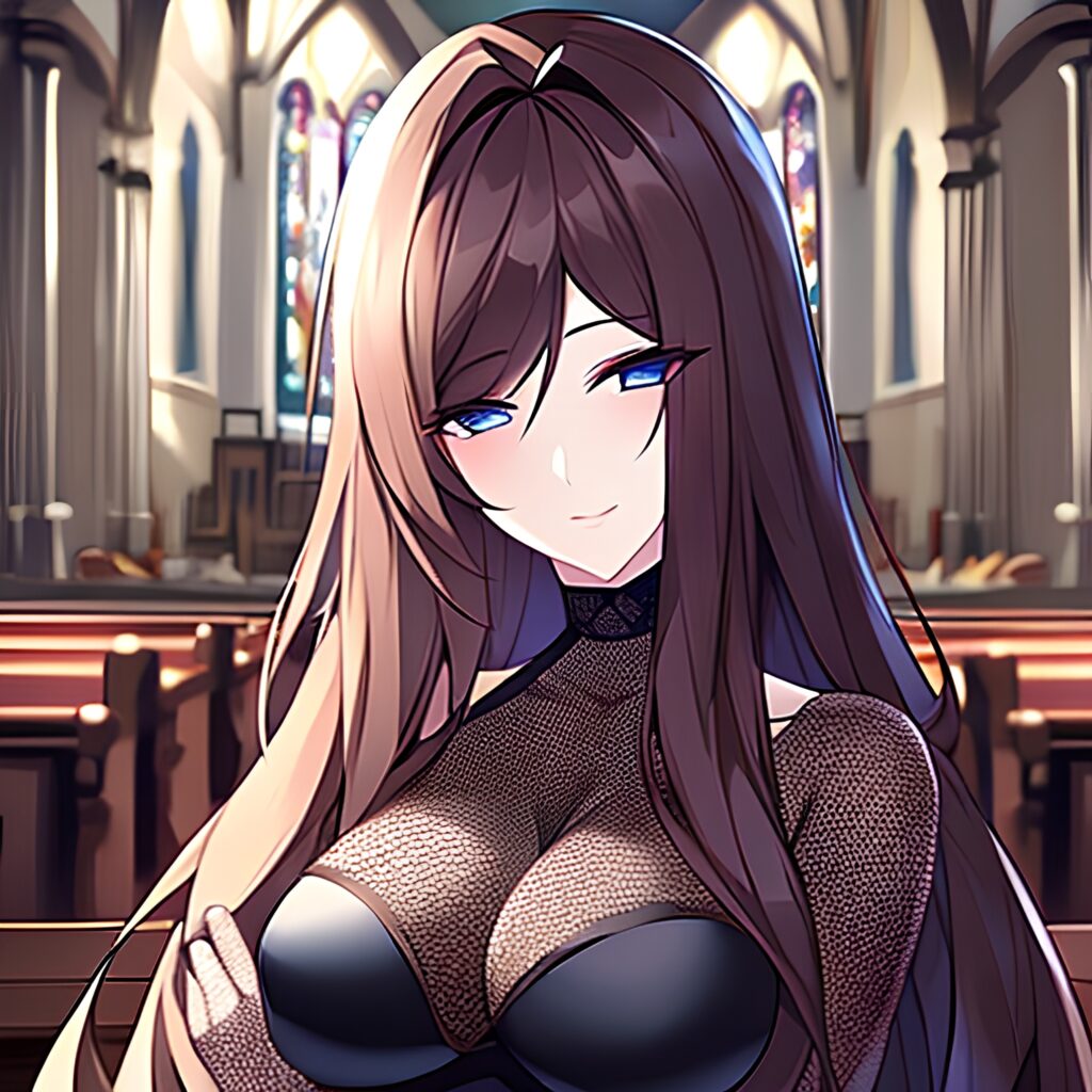long hair church woman brunette fishnet messy hair 