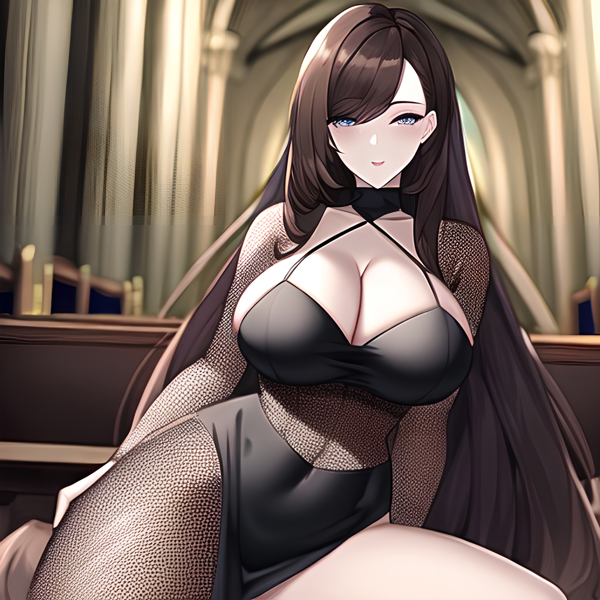 long hair church woman brunette fishnet messy hair 