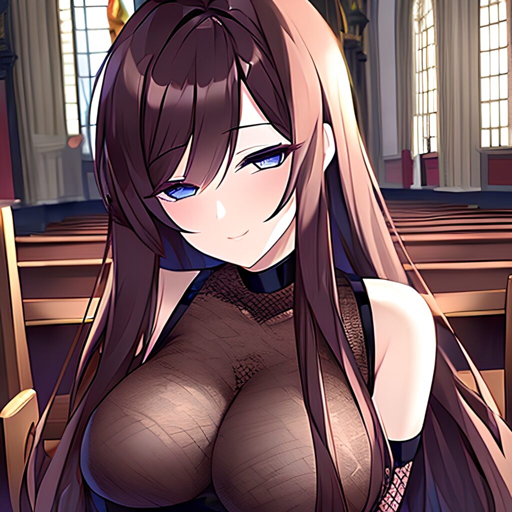 long hair church woman brunette messy hair fishnet 