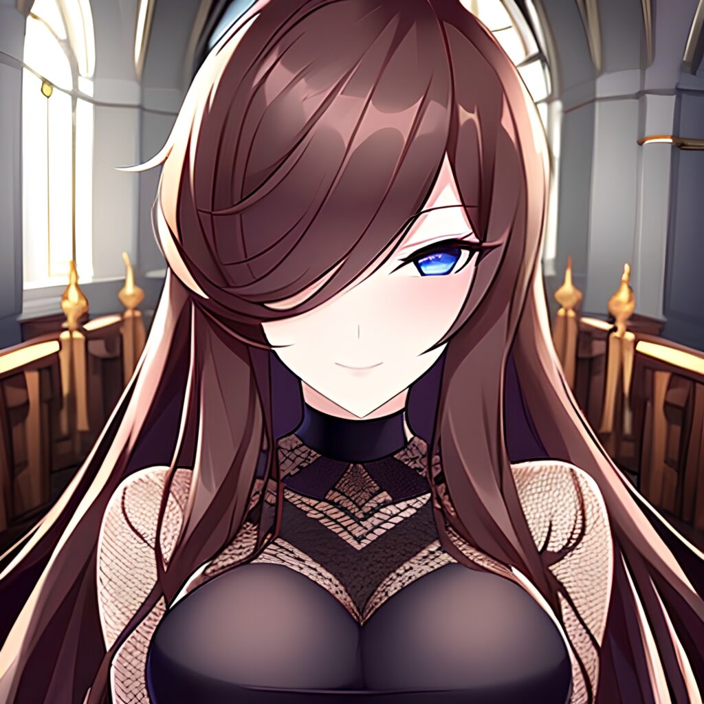 long hair church woman brunette messy hair fishnet 