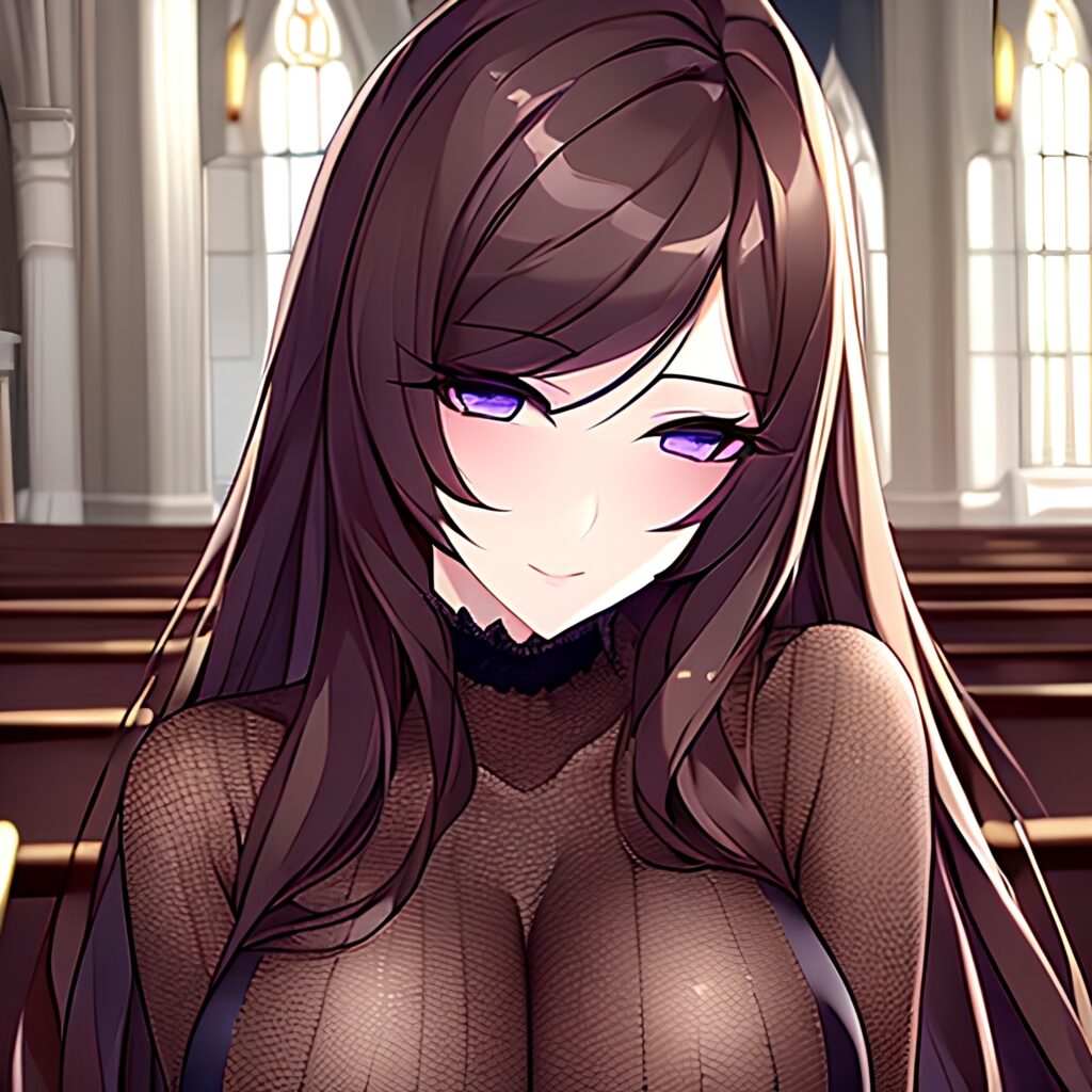 long hair church woman brunette messy hair fishnet 