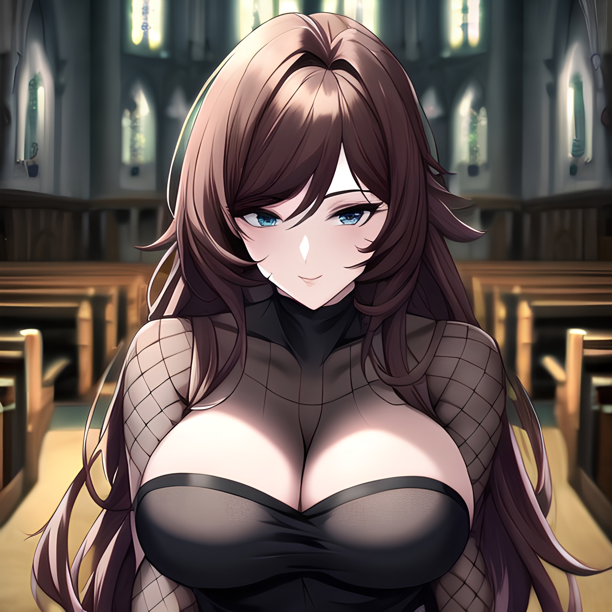 long hair church woman brunette messy hair fishnet 