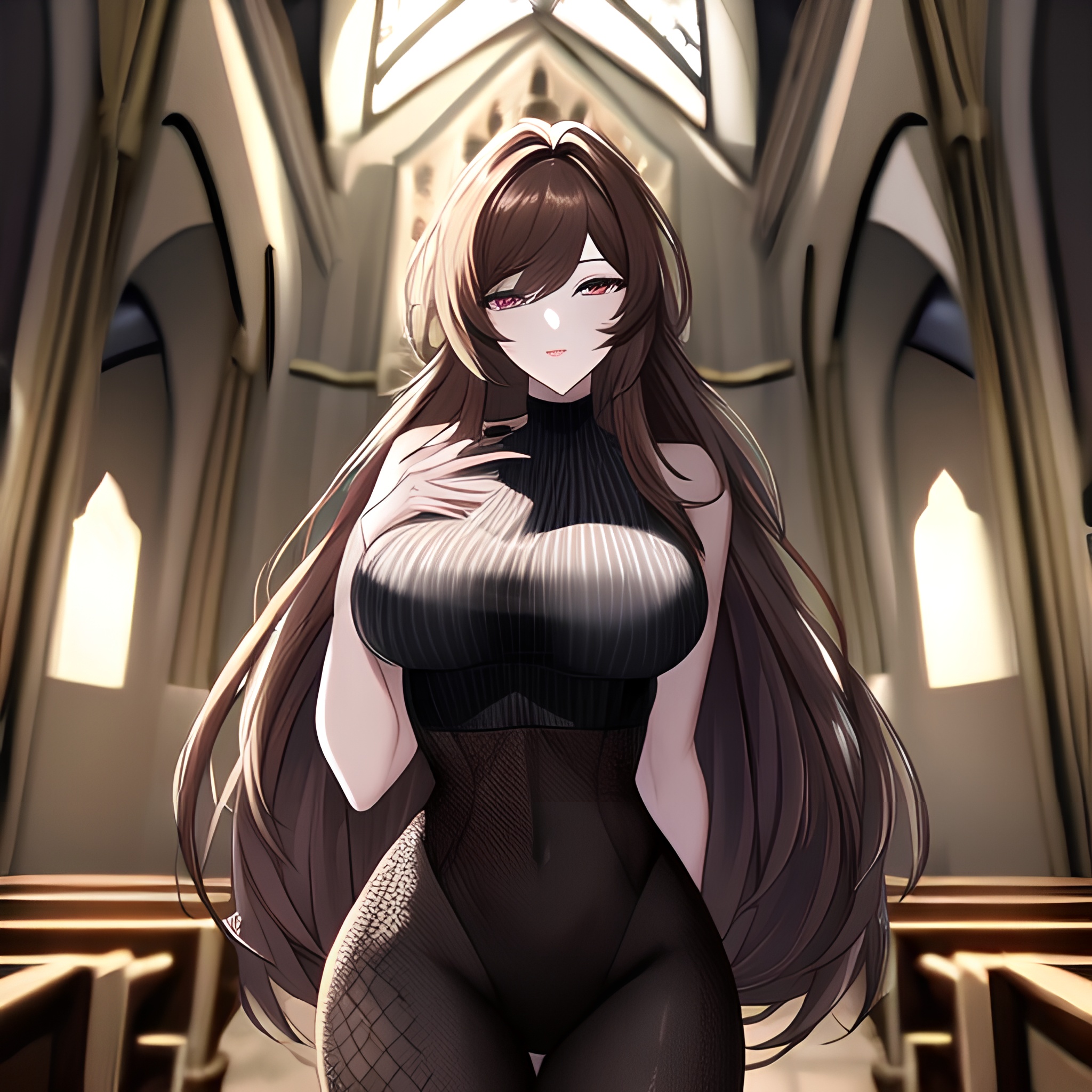 long hair church woman brunette messy hair fishnet 