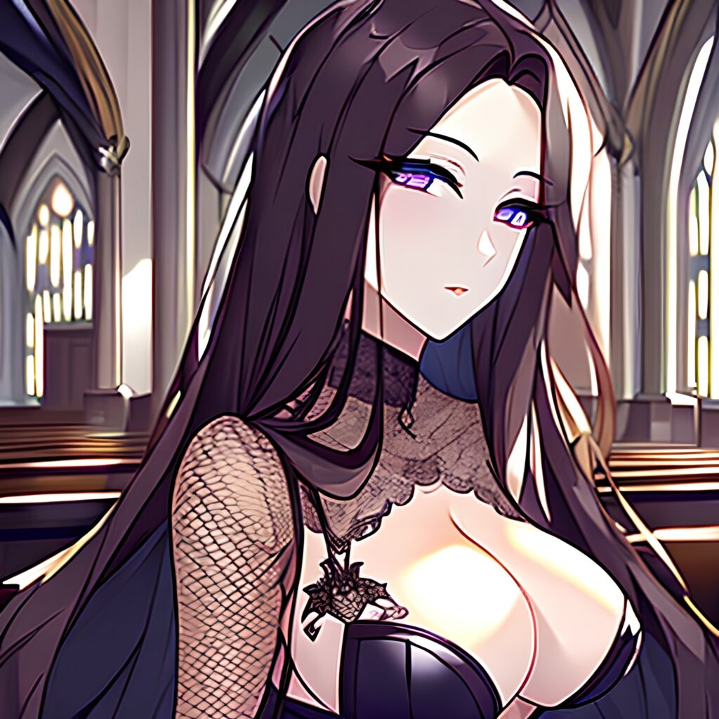 long hair church woman brunette messy hair fishnet 