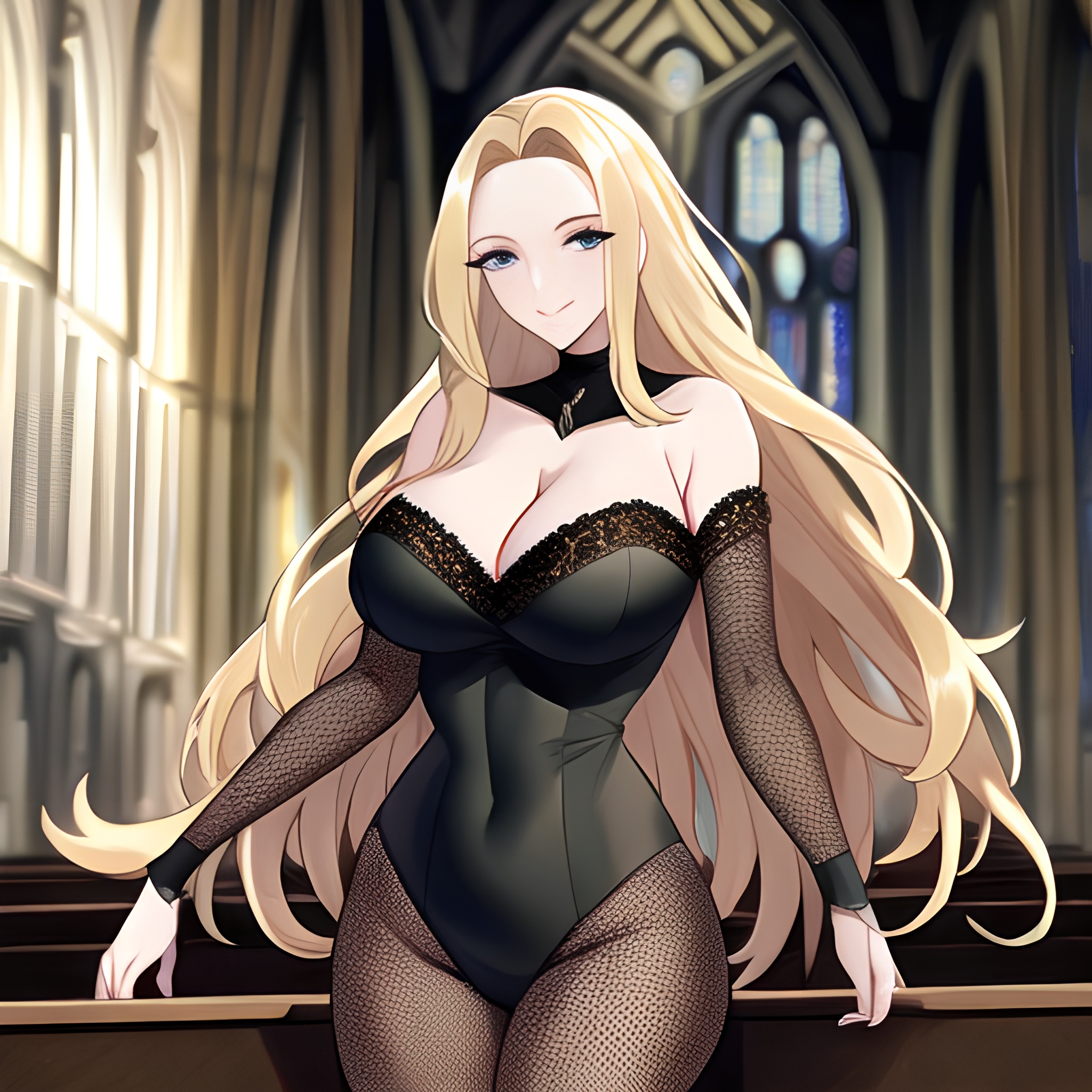long hair church woman fishnet blonde 