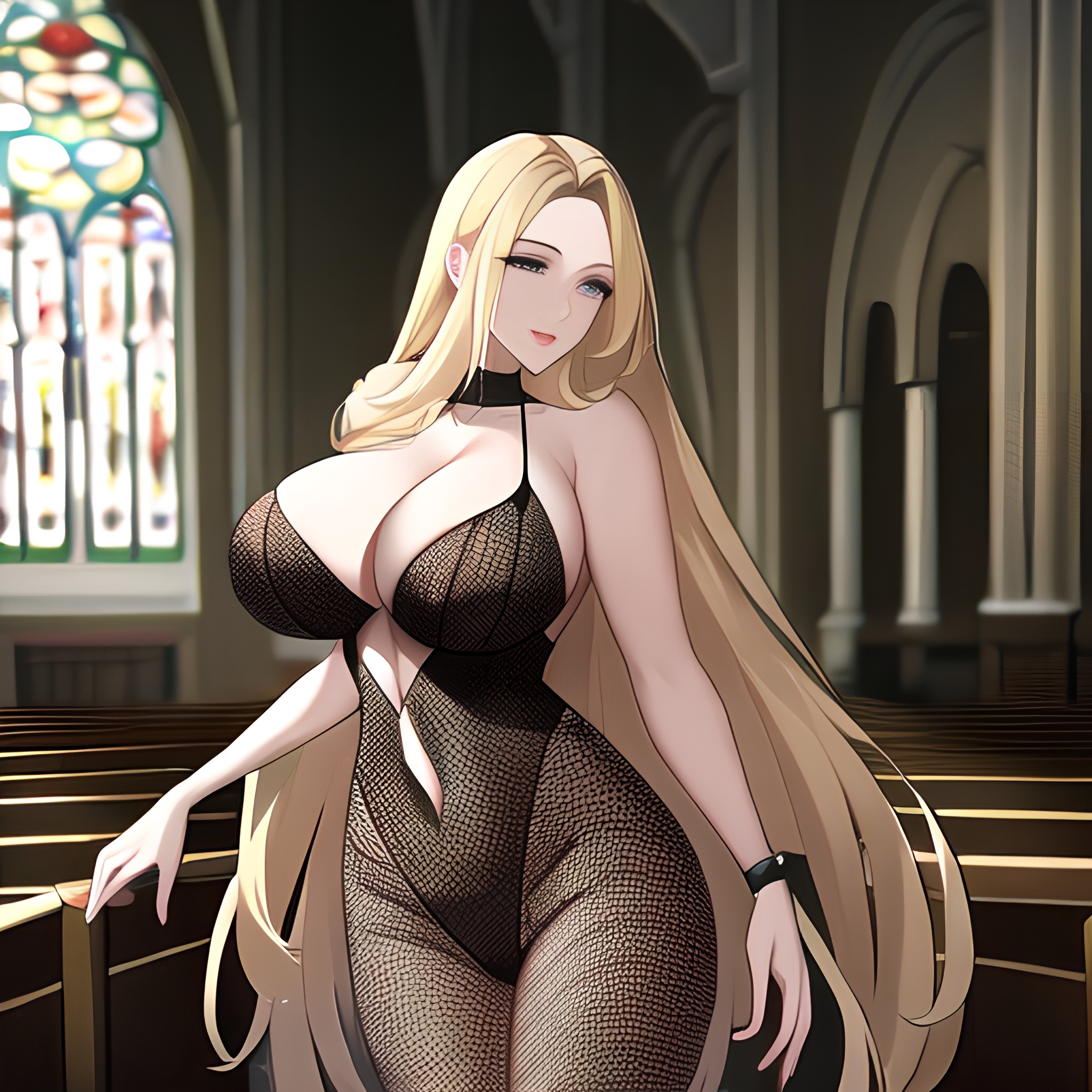 long hair church woman fishnet blonde 