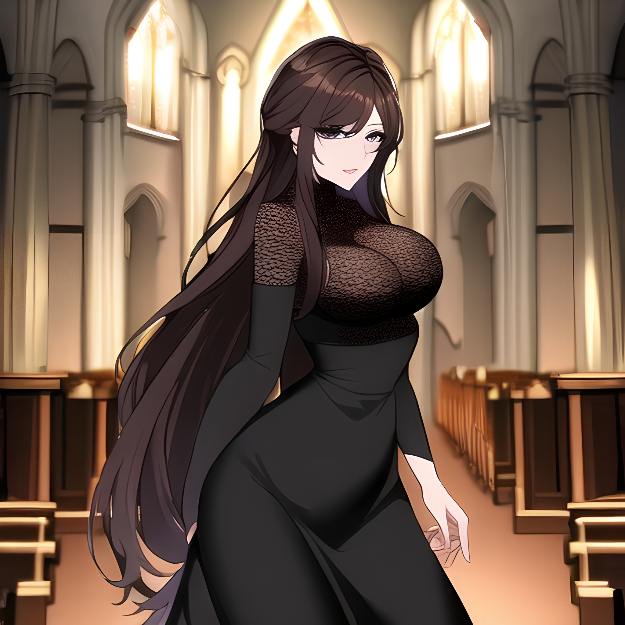 long hair church woman fishnet brunette messy hair 