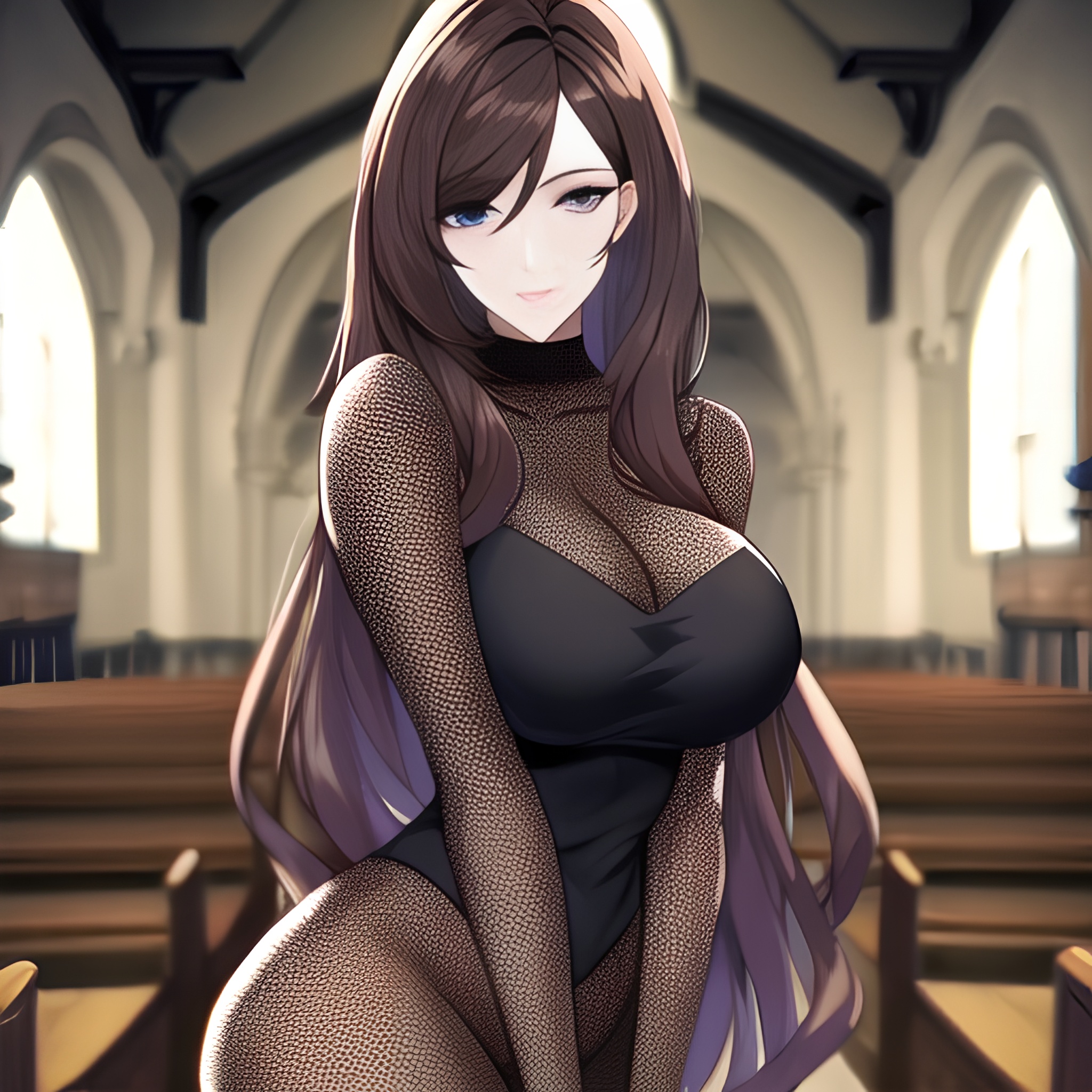 long hair church woman fishnet brunette messy hair 