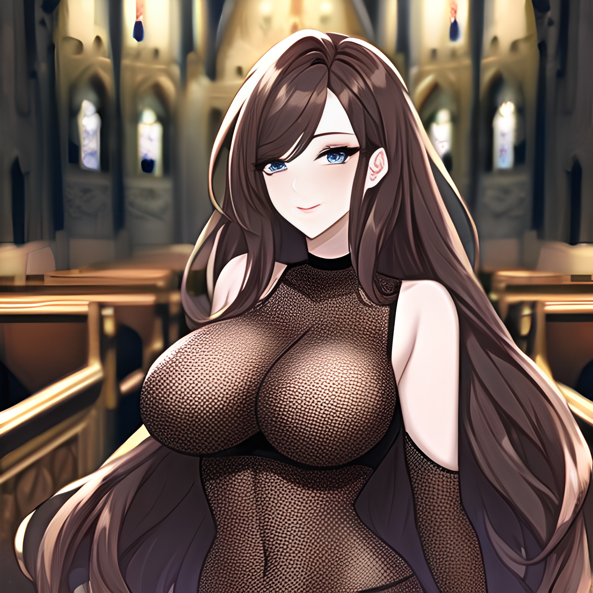 long hair church woman fishnet brunette messy hair 