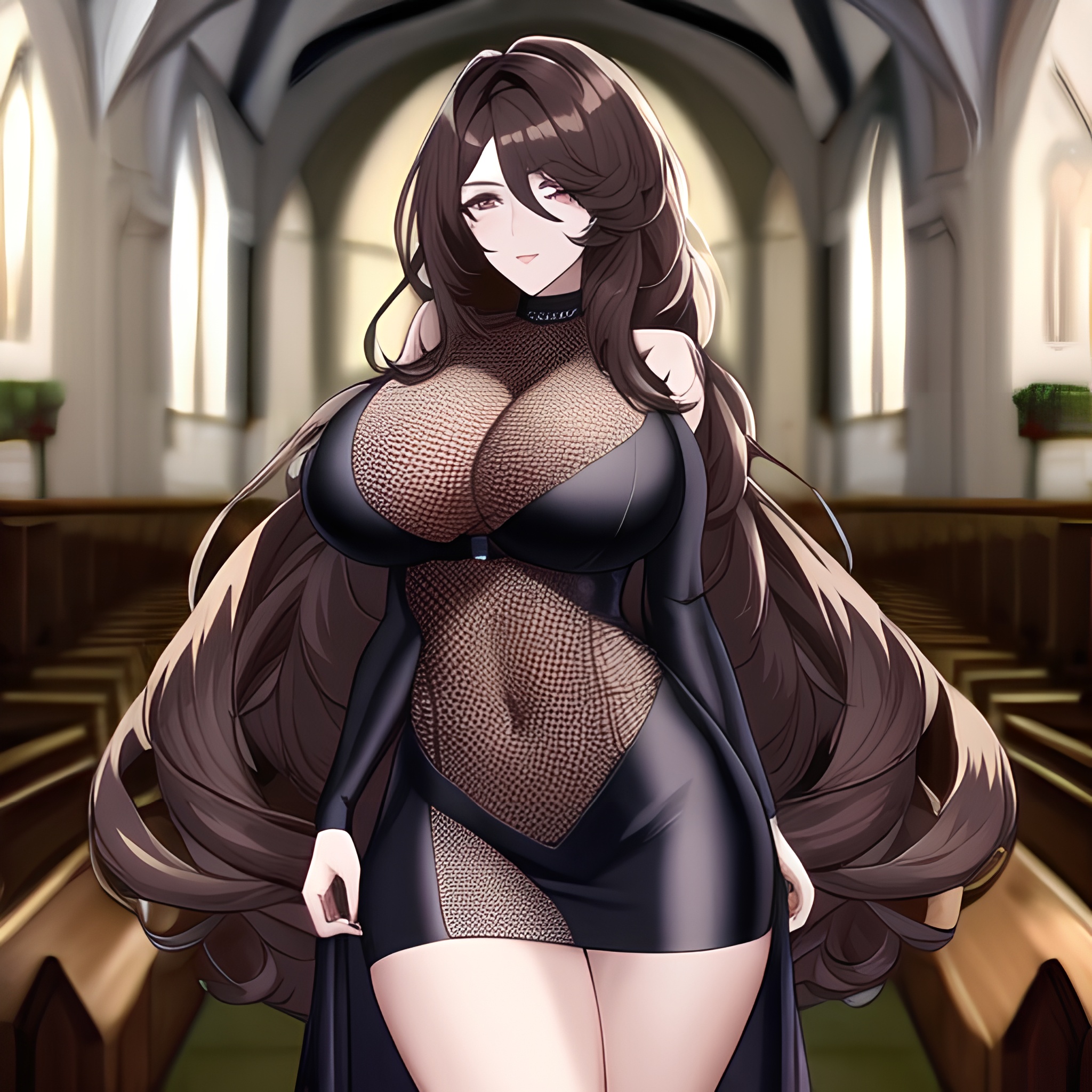 long hair church woman fishnet brunette messy hair 