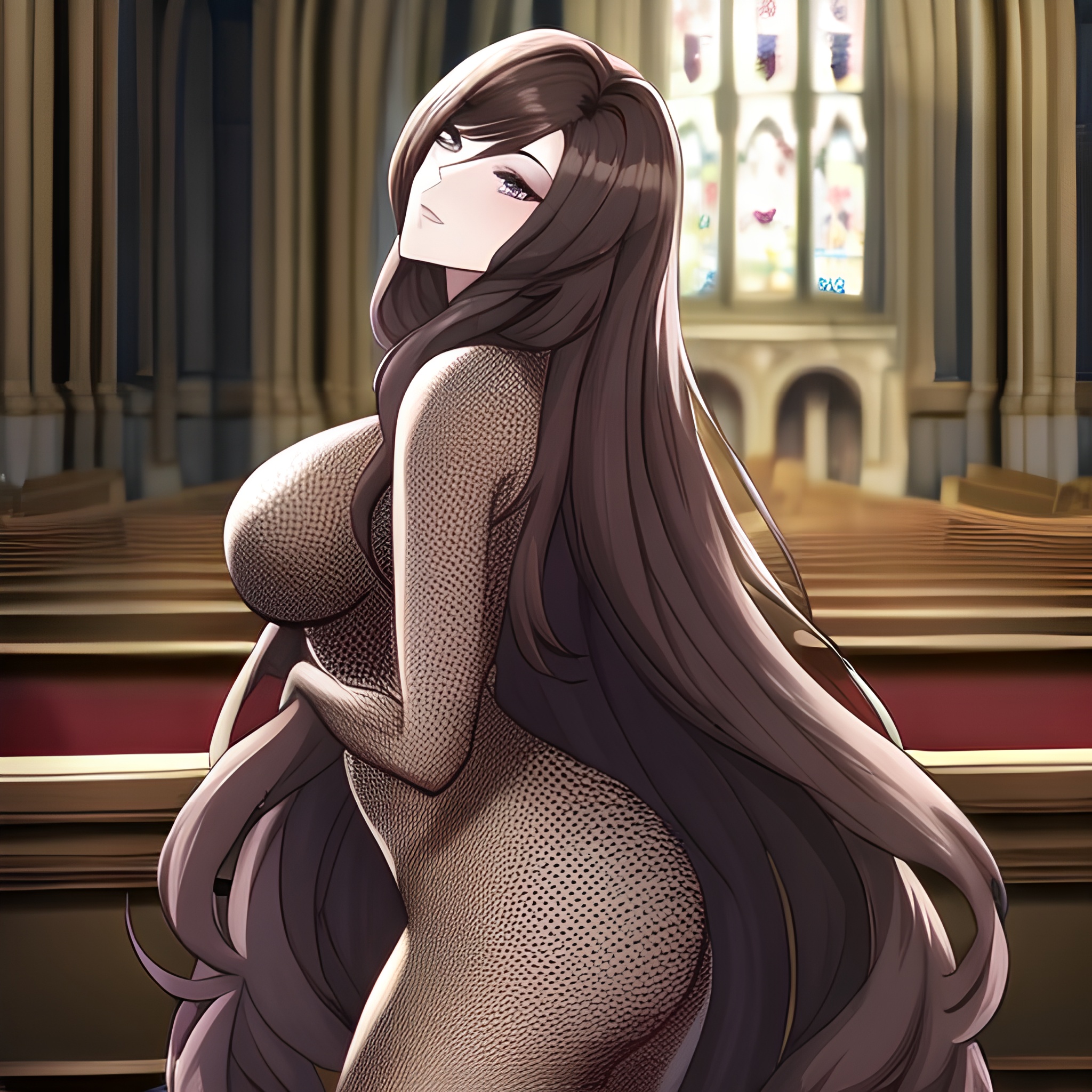 long hair church woman fishnet brunette messy hair