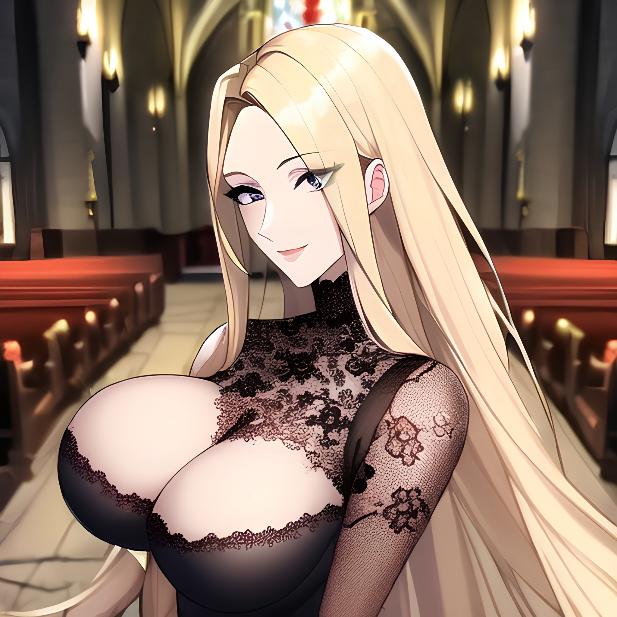 long hair church woman fishnet front view blonde small boobs nude 