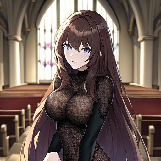 long hair church woman fishnet messy hair brunette 