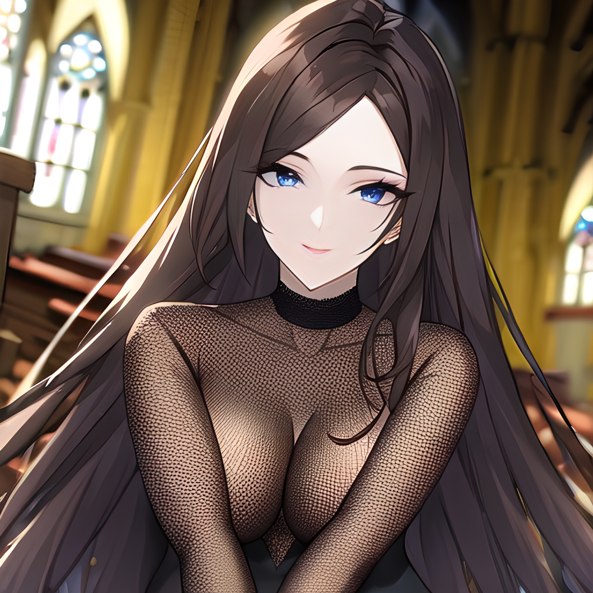 long hair church woman messy hair brunette fishnet 