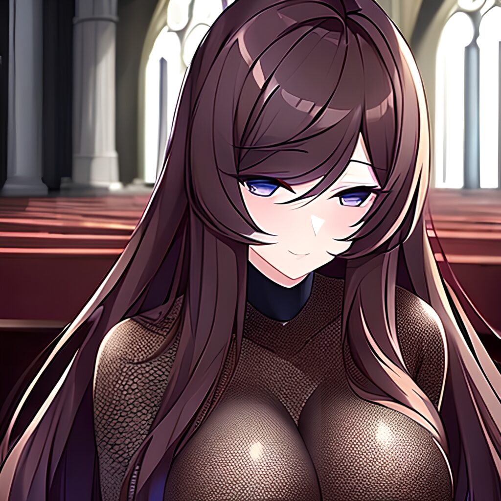 long hair church woman messy hair brunette fishnet 