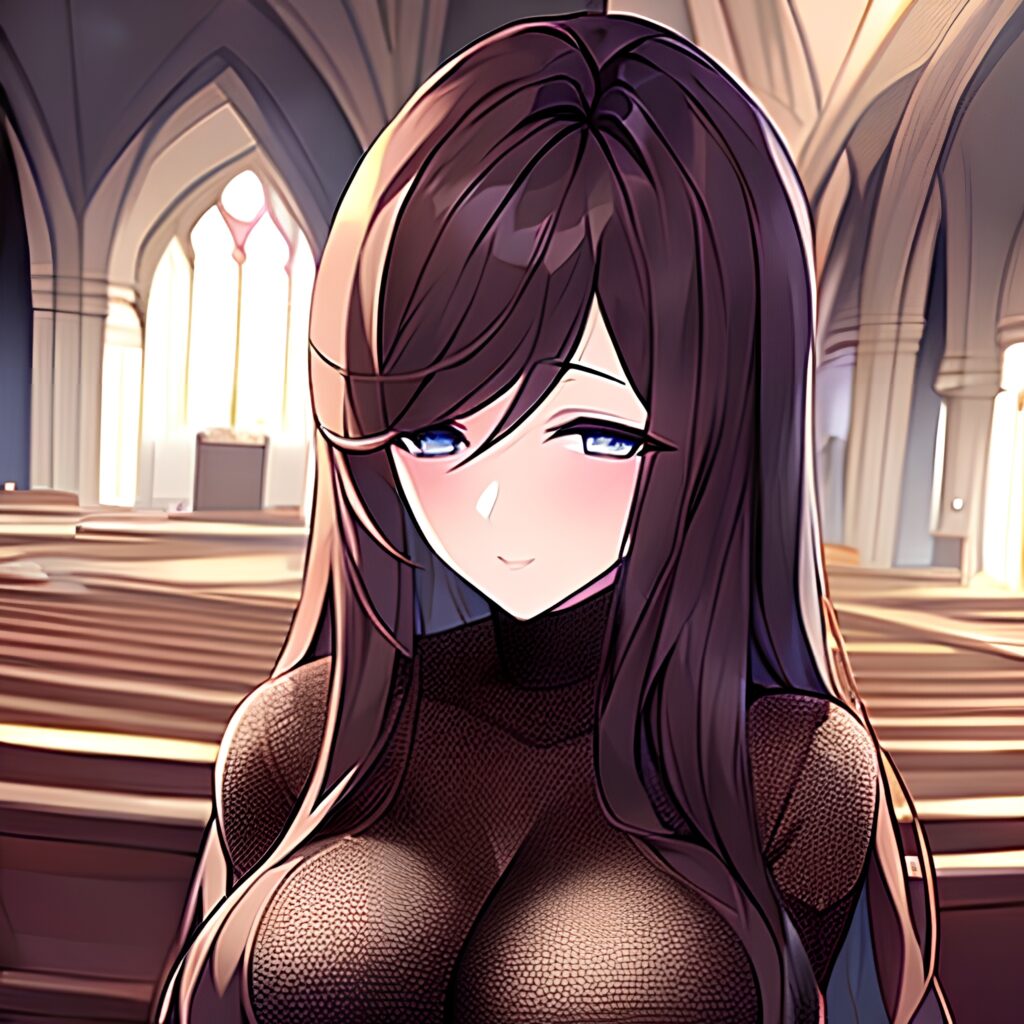 long hair church woman messy hair brunette fishnet 