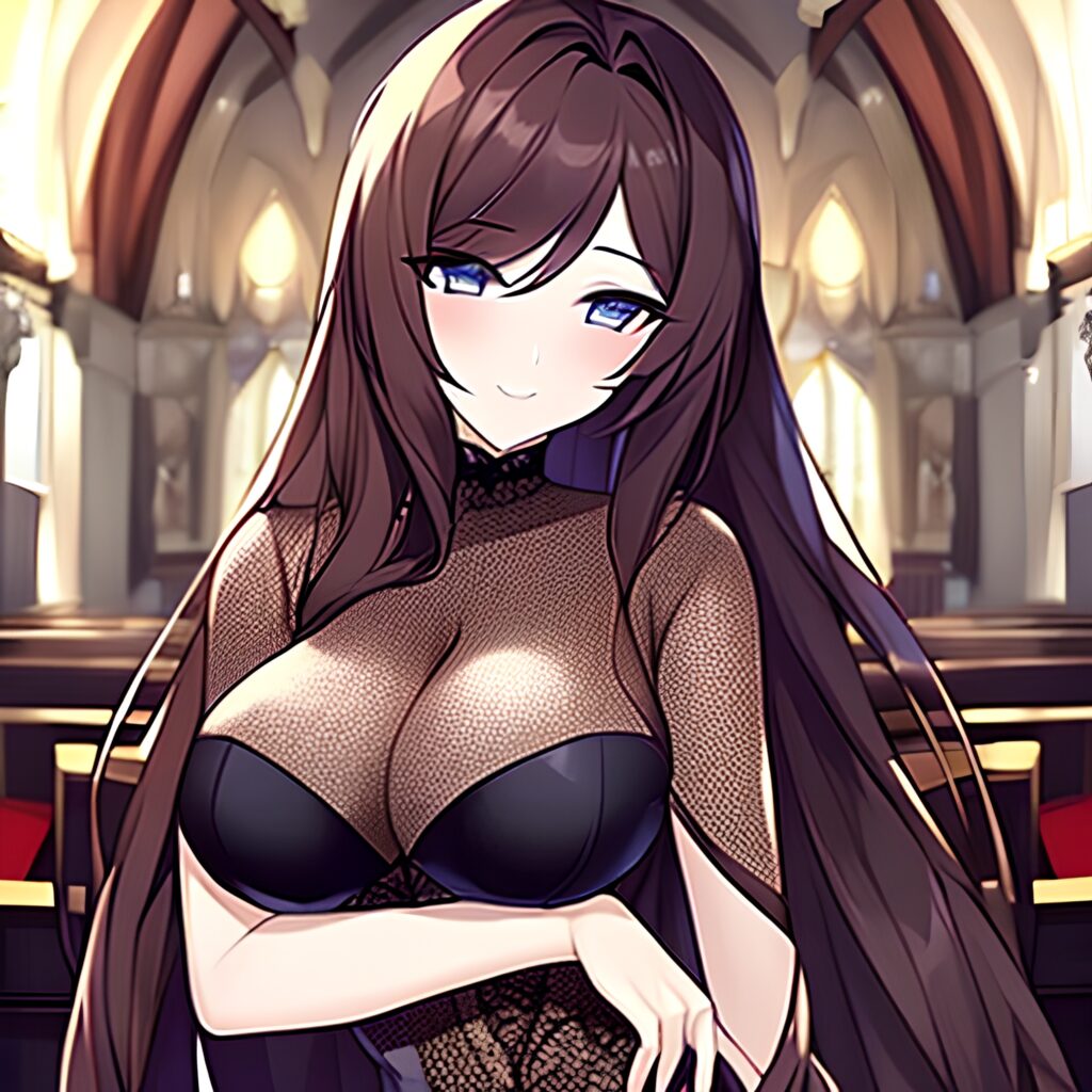 long hair church woman messy hair brunette fishnet 